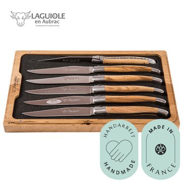 Laguiole en Aubrac Steakmesser 6 Steak Messer Olivenholz (6 Stück), original mit Zertifikat und Holzbox, Handarbeit