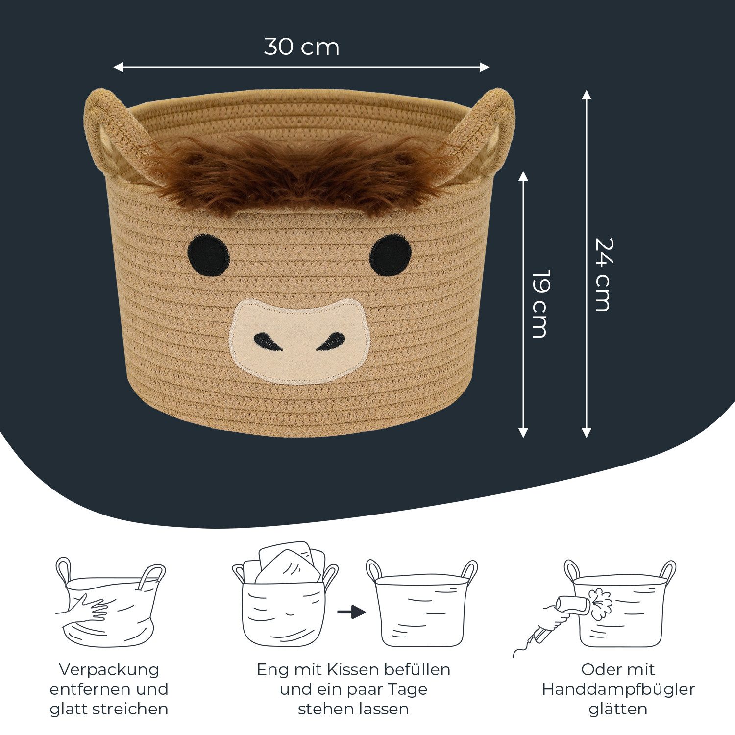HMF Aufbewahrungskorb Aufbewahrungskorb mit verlängerten Griffen, runder Korb, für Kinderzimmer oder Babyzimmer, Highlander Kuh, 30 x 24 cm, Braun – Bild 5 von 5