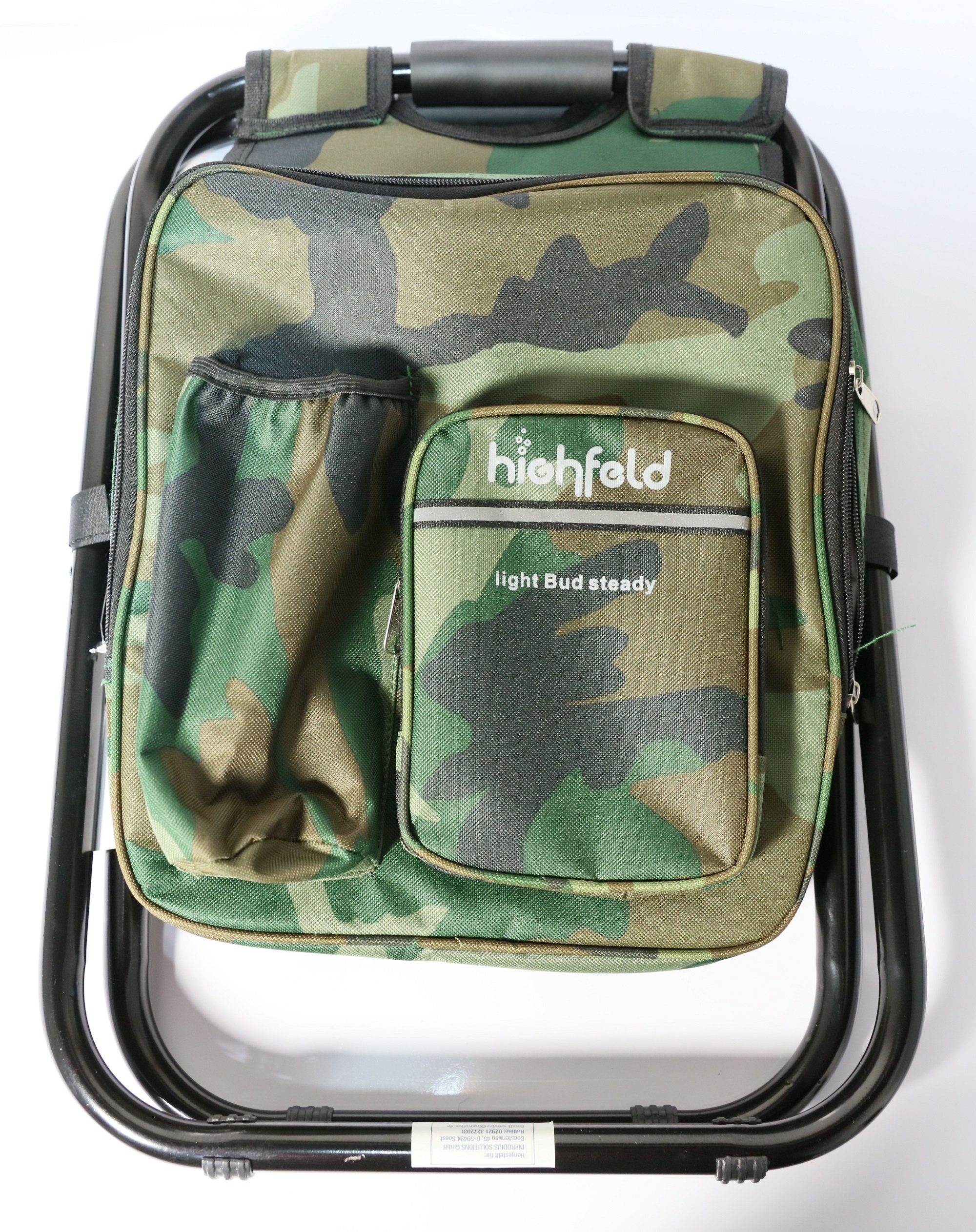 highfeld Campinghocker Camping Hocker mit (1 Kühltasche integrierter mit Rucksack camouflage Stück)