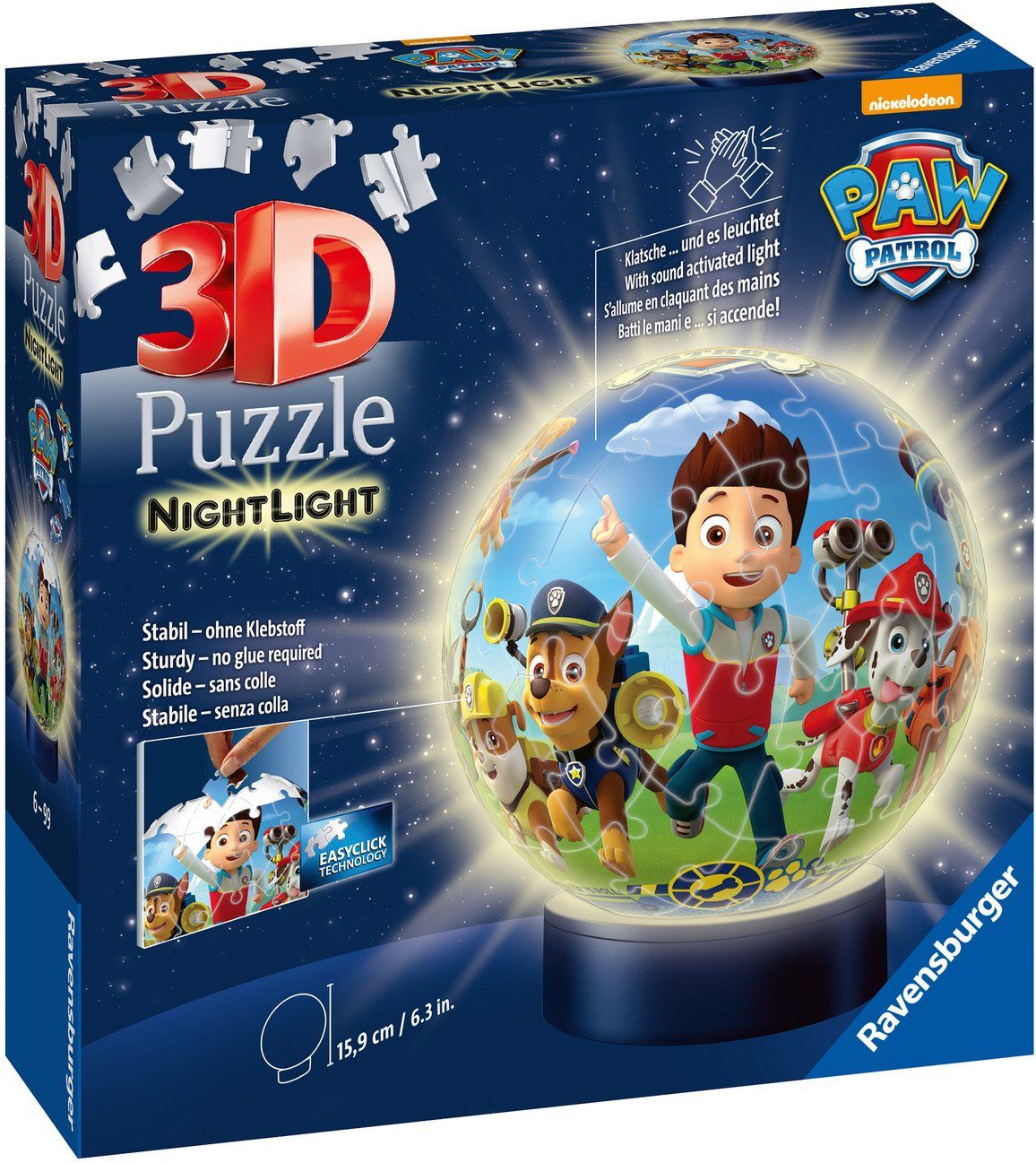 Ravensburger Puzzleball Nachtlicht Paw Patrol, 72 Puzzleteile, mit Leuchtsockel inkl. LEDs; FSC® - schützt Wald - weltweit