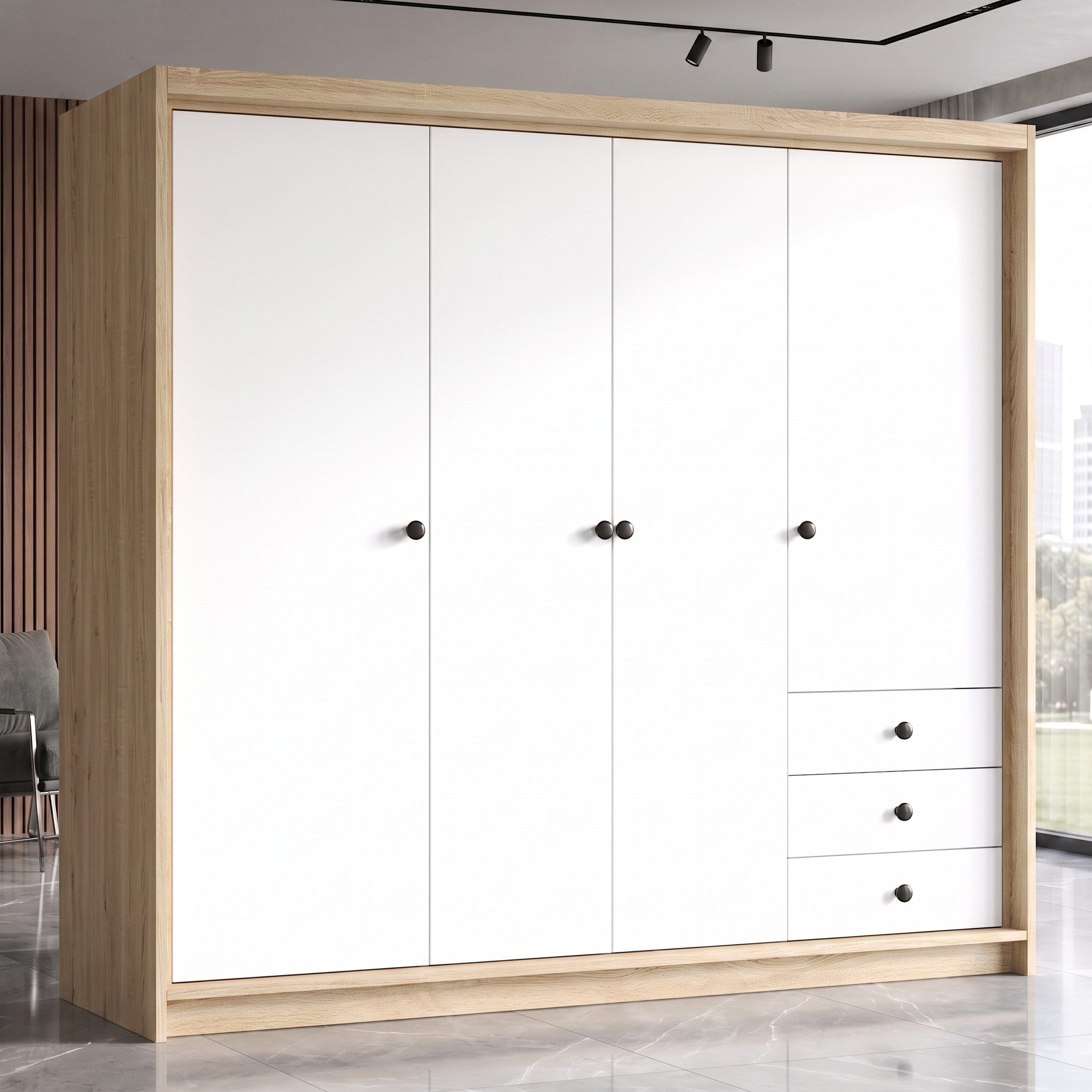 A&J MöbelLand GmbH Drehtürenschrank FALKEN– viertüriger Kleiderschrank 200 cm (Geräumiger viertüriger Kleiderschrank mit Schubladen. Geräumiger Schrank mit einer Breite von 200 cm und Schubladen, ideal zur Aufbewahrung von Kleidung und Accessoires. Viel Stauraum. TOP PRODUKT! Wählen Sie das ideale Modell für Ihr Schlafzimmer!, TOP ANGEBOT) Breite: 200 cm, Höhe: 215 cm, Tiefe: 59,5 cm