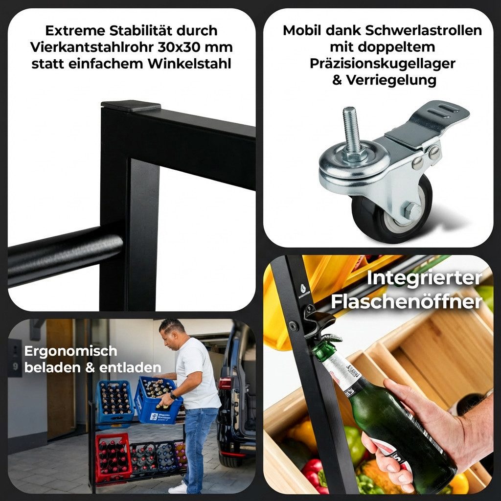 KARASTEIN Regalelement Getränkekistenregal mit Rollen oder Gummifüßen