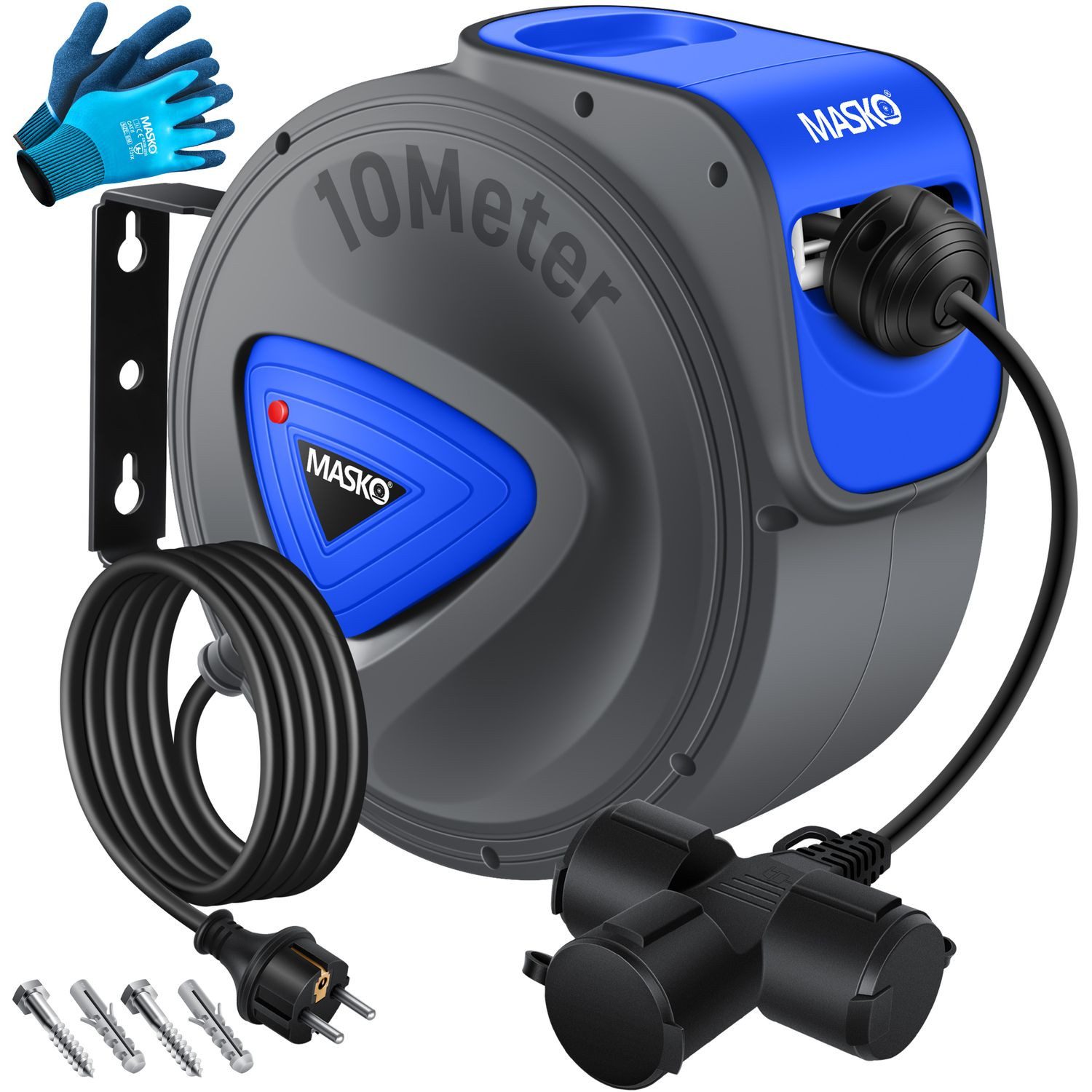 MASKO Verlängerungskabel, (10 cm), Automatik Kabeltrommel Verlängerungskabel mit 3-Fach Anschluss
