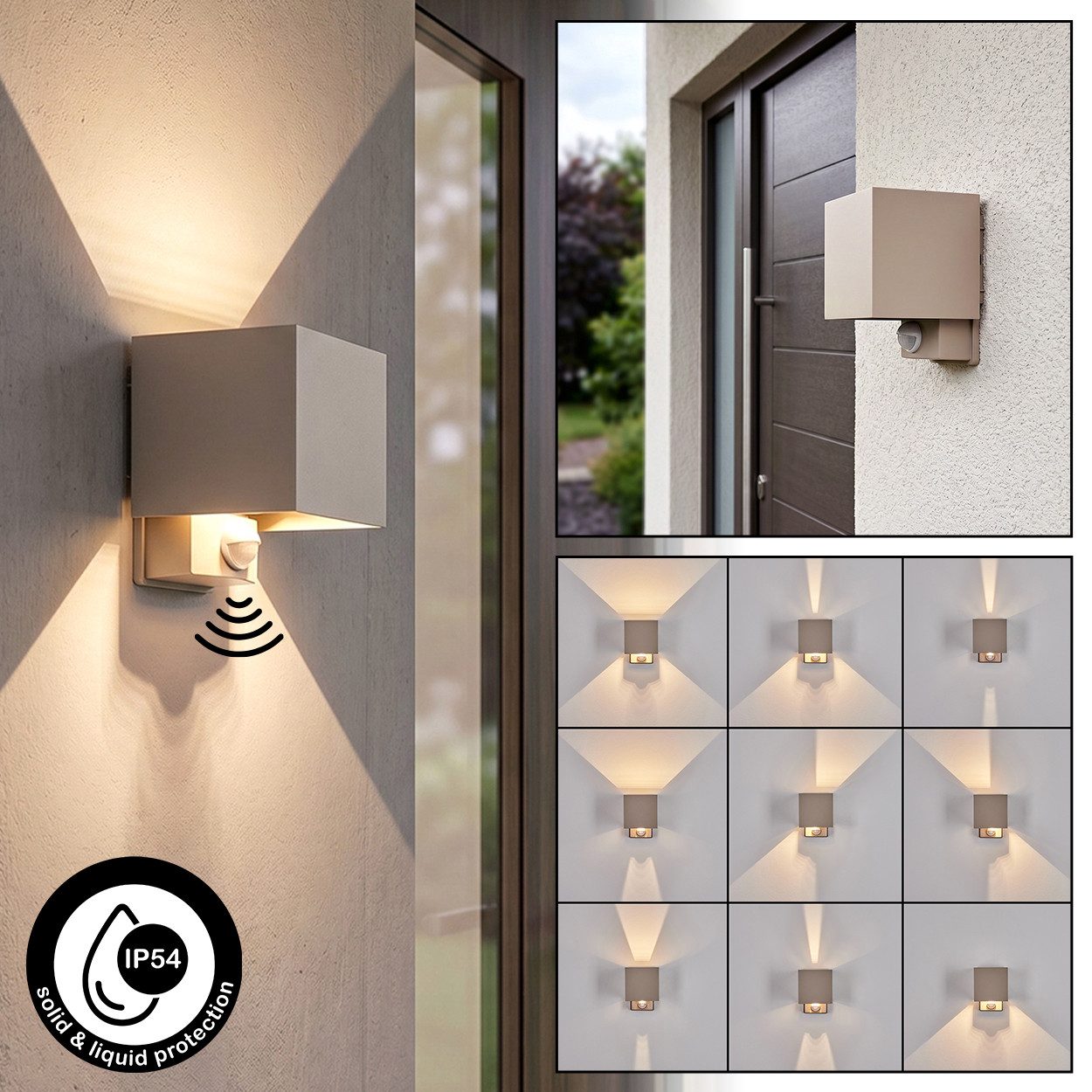 hofstein Außen-Wandleuchte Außenwandlampe aus Metall in Sandfarben mit Bewegungsmelder, moderne Wandleuchte mit Lichteffekten, LED 6 W, 350 L, 3000 K, IP54