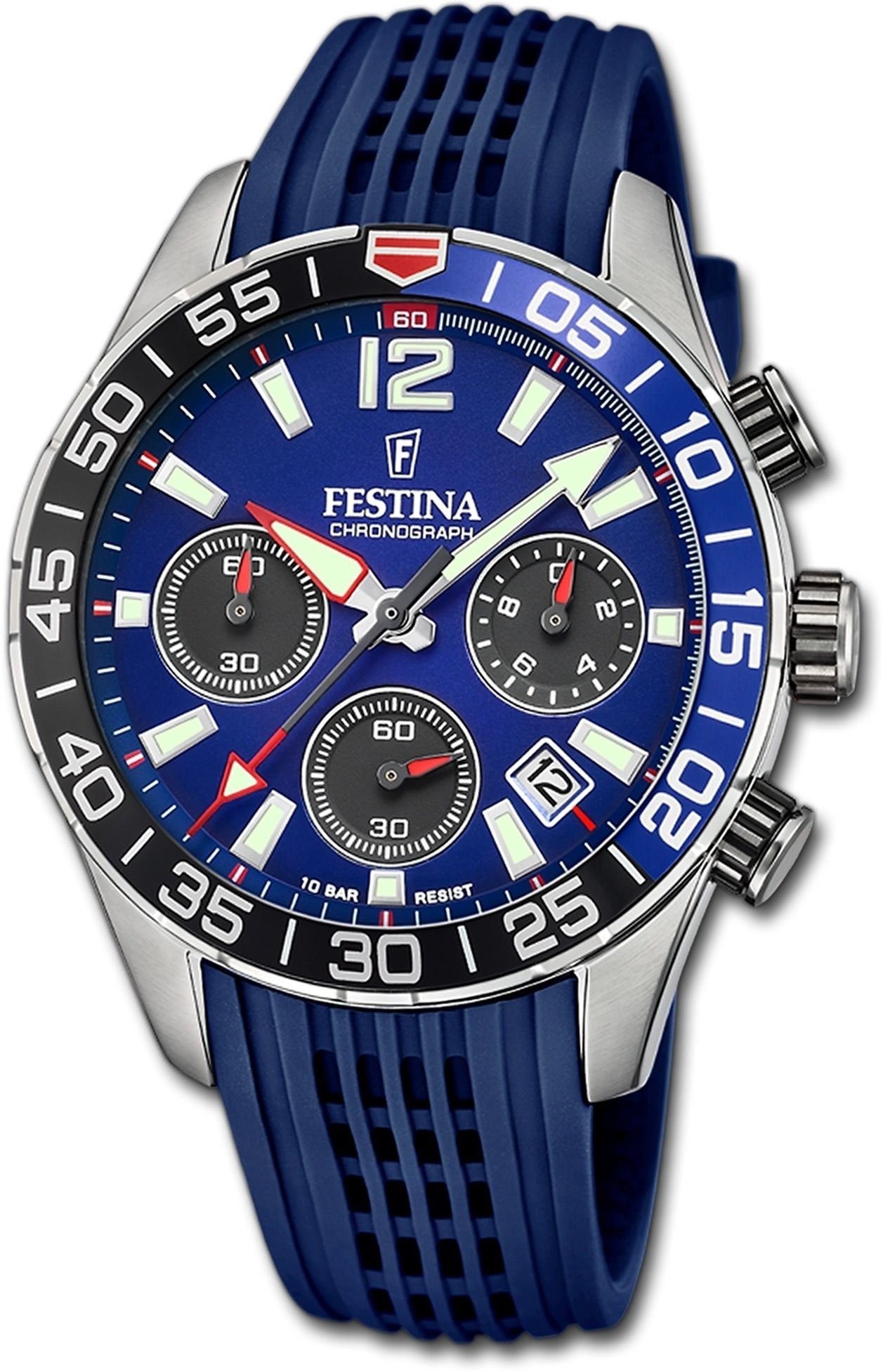 Festina Quarzuhr Herrenuhr 44mm) (ca. groß Uhr, Festina rund, Silikonarmband blau, Herren Silikon