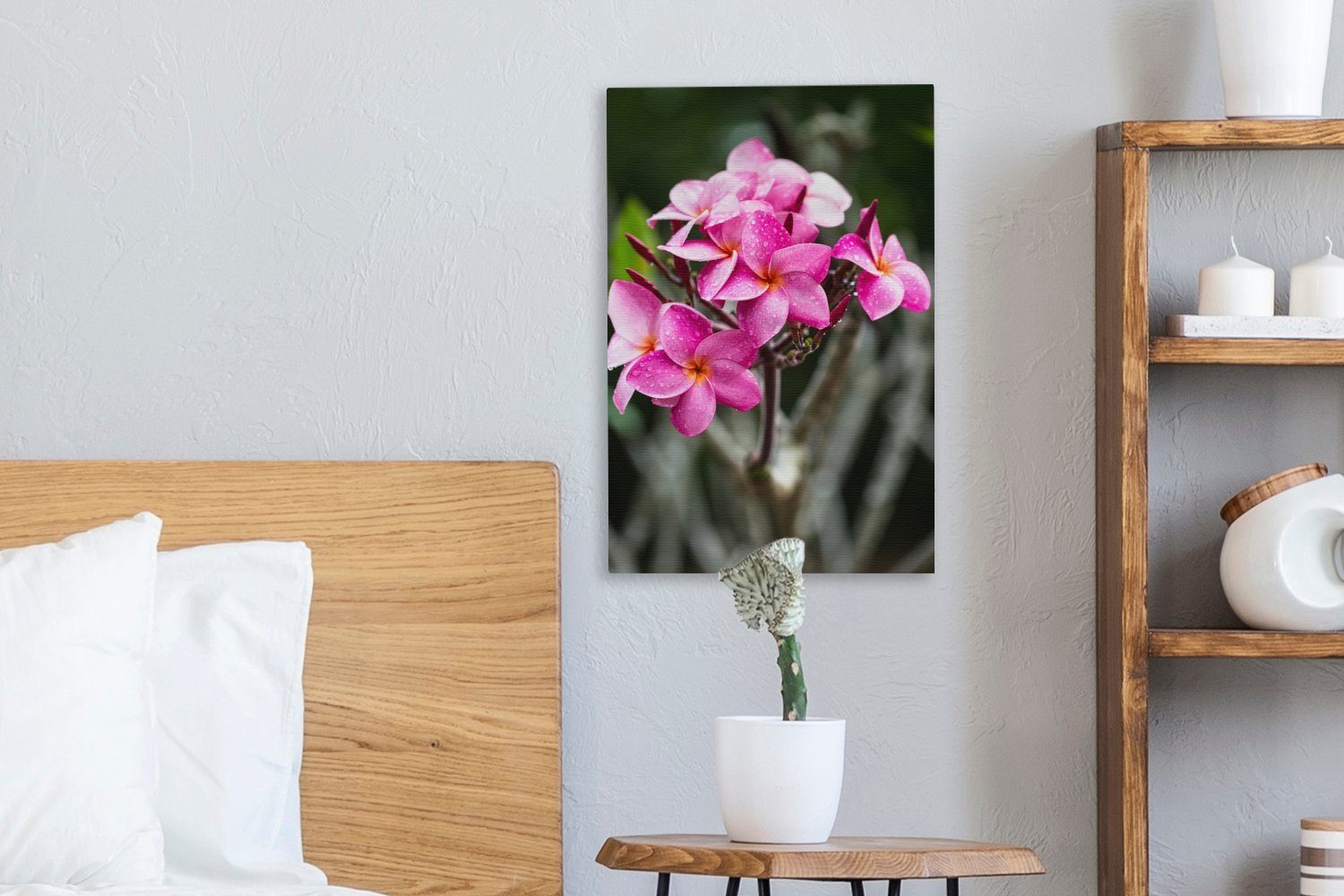 Regentropfen, Gemälde, mit cm Leinwandbild 20x30 OneMillionCanvasses® Zackenaufhänger, fertig Leinwandbild (1 bespannt inkl. Plumeria-Blüte St),