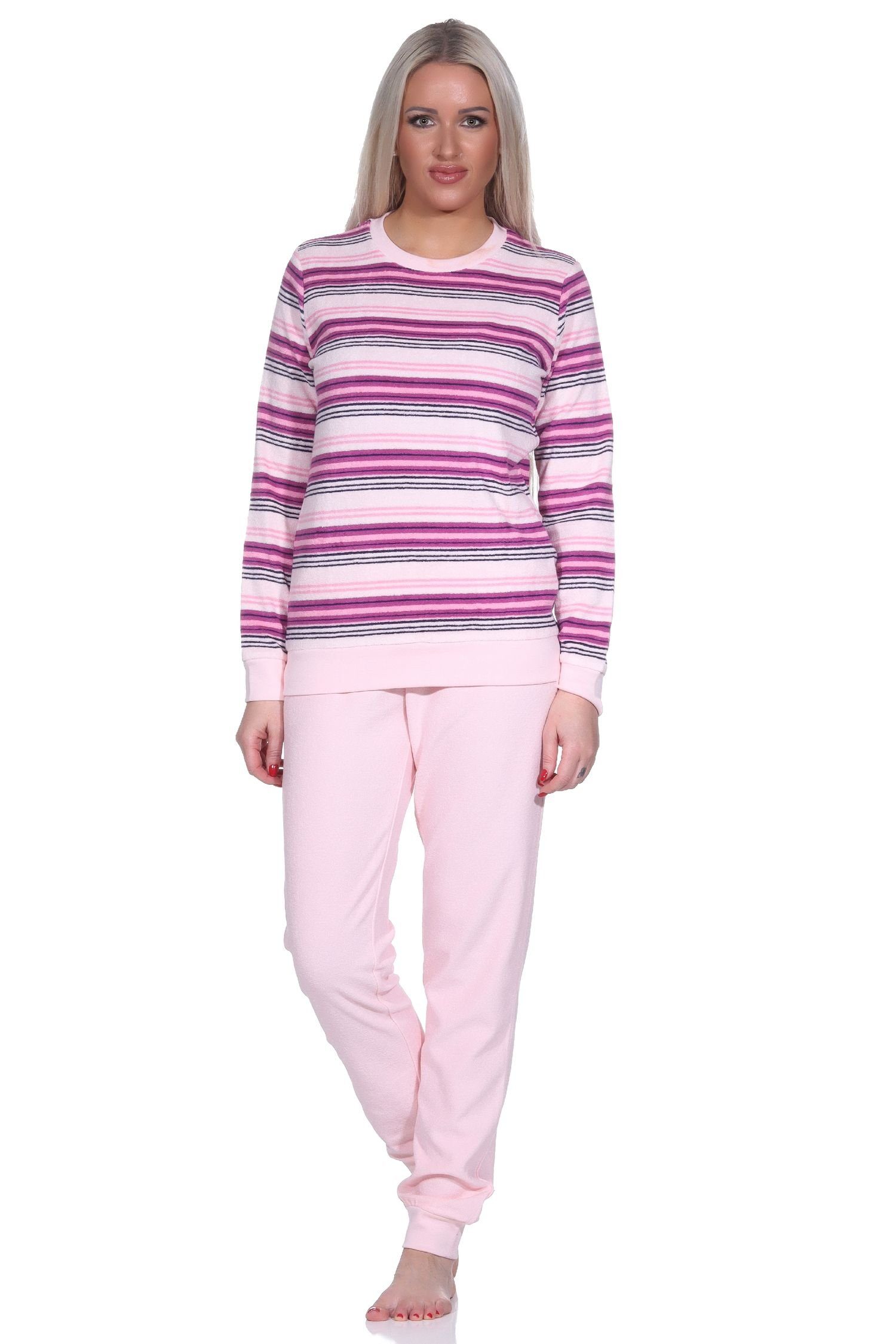Normann Pyjama Damen Kuschel Frottee Schlafanzug mit Bündchen Streifenoptik rosa