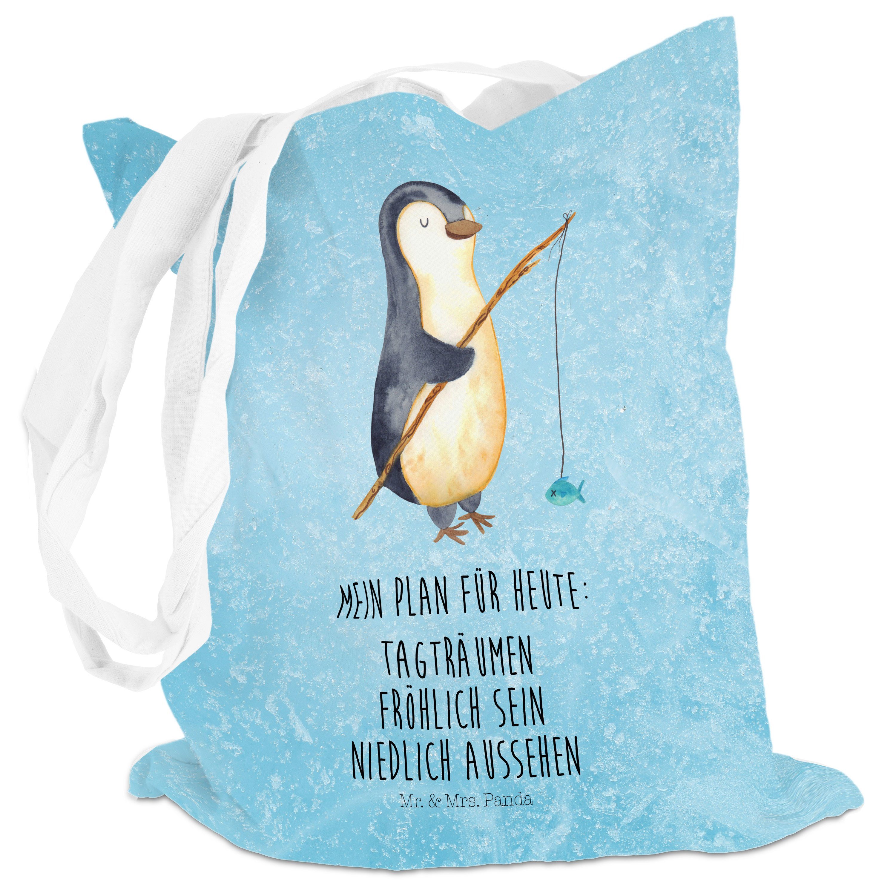 Angler Geschenk, Beutel, - (1-tlg) Mrs. Mr. Panda Tragetasche - Stoffbeutel, Pinguin & Angelurlaub Eisblau