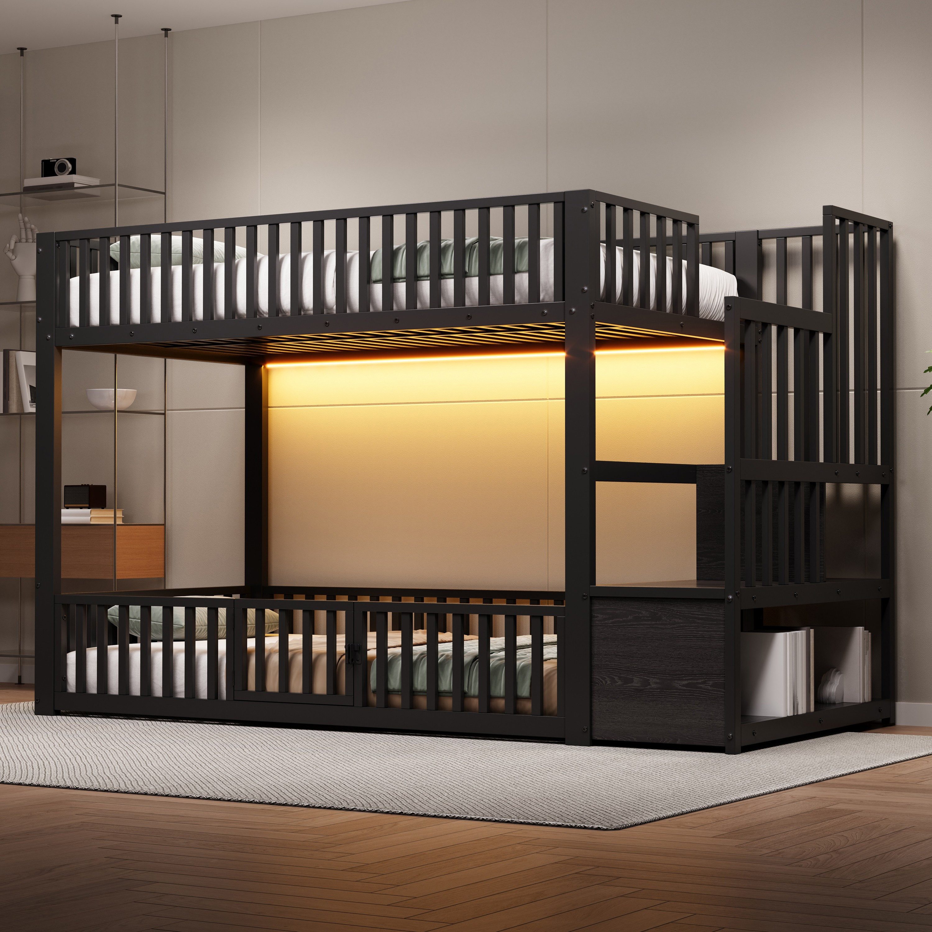 HAUSS SPOLE Etagenbett 90x200 Kinderbett mit Stauraumleiter,Stockbett mit Lattenroste,Schwarz (Jugendbett mit integrierte LED-Beleuchtung), mit zwei Einzelbetten und zaunförmigen Schutzgittern