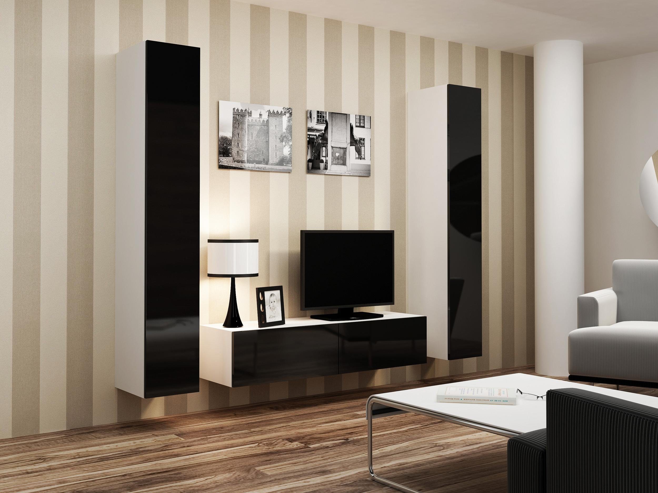 Stylefy Wohnwand Vago IX, (Set (3-St), Wohnmöbel, Wohnzimmer-Set), bestehend aus 1xLowboard und 2xHängeschrank, Hochglanzfronten, mit Push-to-Open, Modern Design Weiß/Schwarz