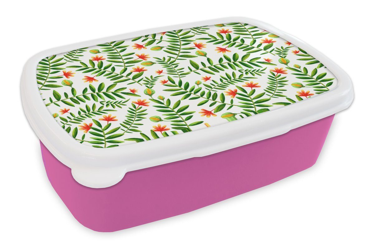MuchoWow Lunchbox Dschungel - Blätter - Flora, Kunststoff, (2-tlg), Brotbox für Erwachsene, Brotdose Kinder, Snackbox, Mädchen, Kunststoff rosa
