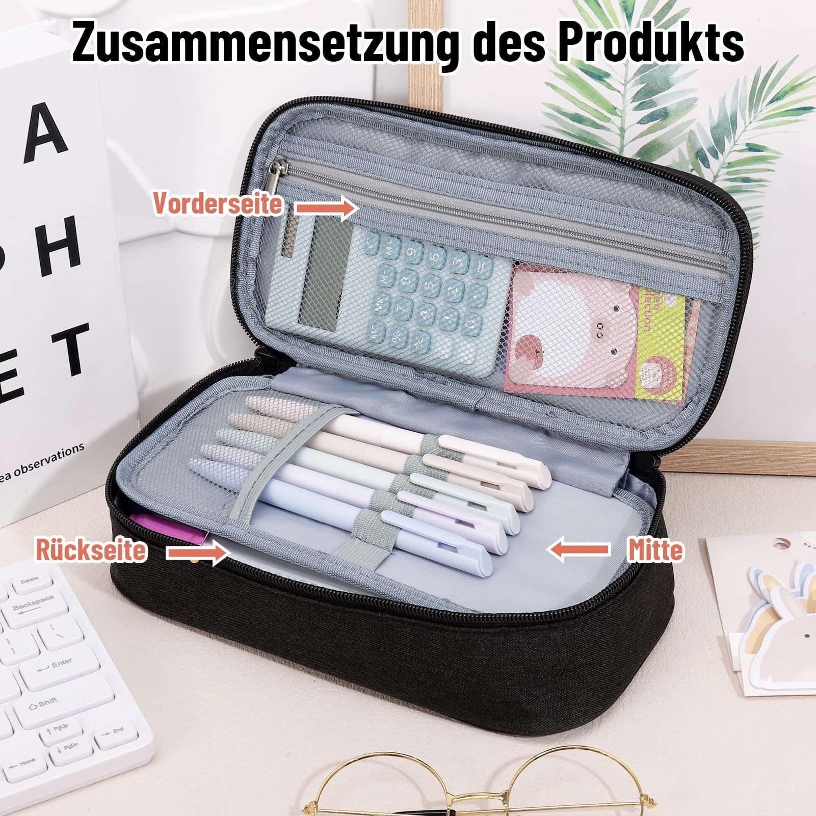 LIANNA Federmäppchen Federmäppchen groß mit Fächern für 80+ Stifte robust & organisiert, (Set, 1-tlg., 1× Federmäppchen groß mit Fächern und Netztasche), Große Kapazität, 80+ Stifte, mehrere Fächer, robust & langlebig