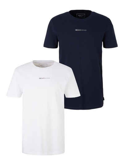 TOM TAILOR T-Shirt Basic Logo Print T-Shirt Rundhals 2x Stück Set Kurzarm (2-tlg) 5554 in Weiß-Dunkelblau
