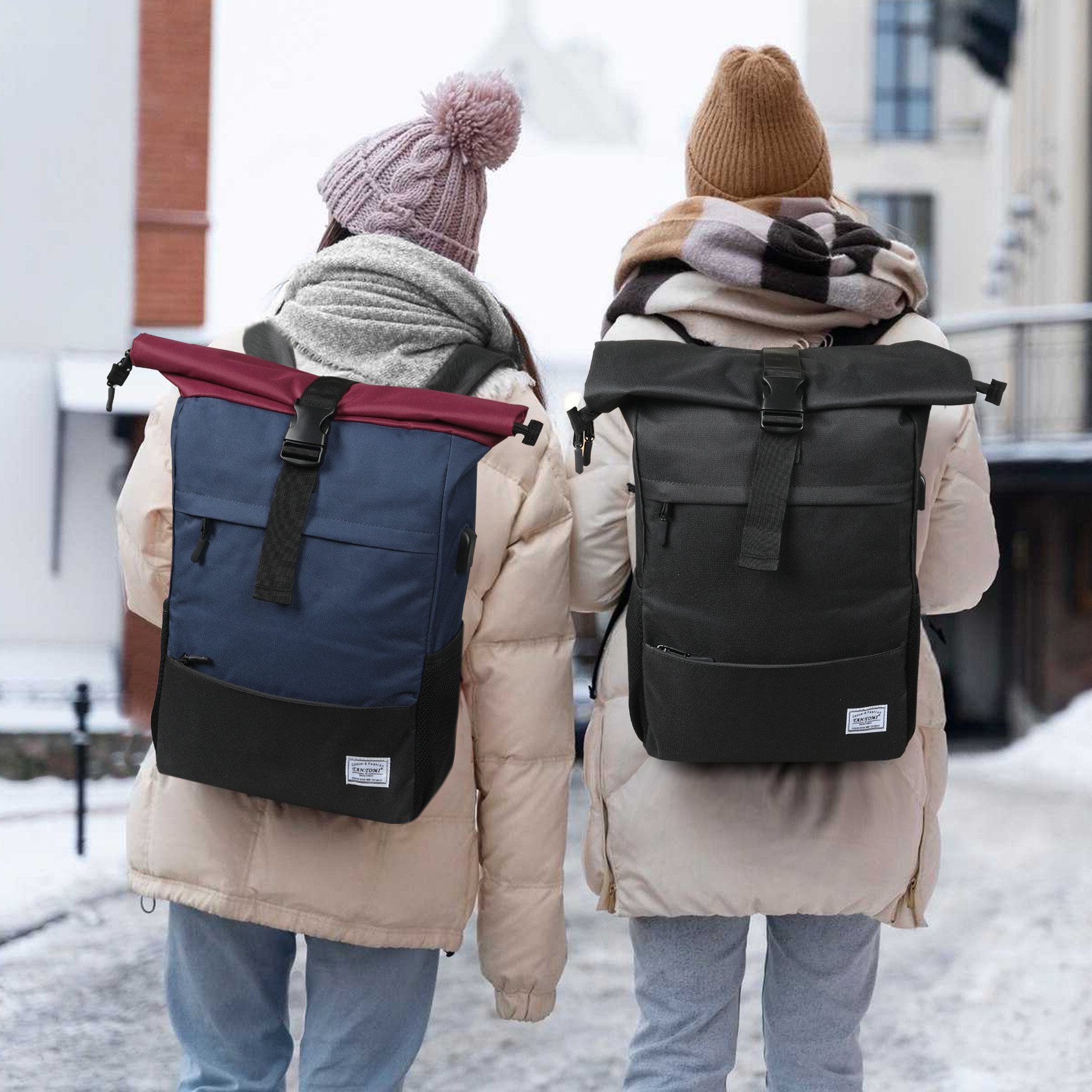 TAN.TOMI Cityrucksack Freizeitrucksack Groß Damen lässiger Rolltop Rucksack Herren Backpack (Arbeitsrucksack viele Fächer mit 15,6" Laptopfach/USB-Anschluss), Reiserucksack Lässiger Backpack Schule Freizeit Uni Arbeit Wandern