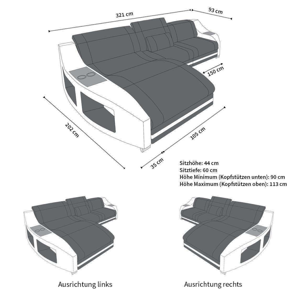 Ledercouch Ledersofa, Ecksofa mit Sofa Kopfstützen, LED, Couch, Sofa Schlaffunktion Dreams verstellbare Swing Sofa mit Leder L Form optional