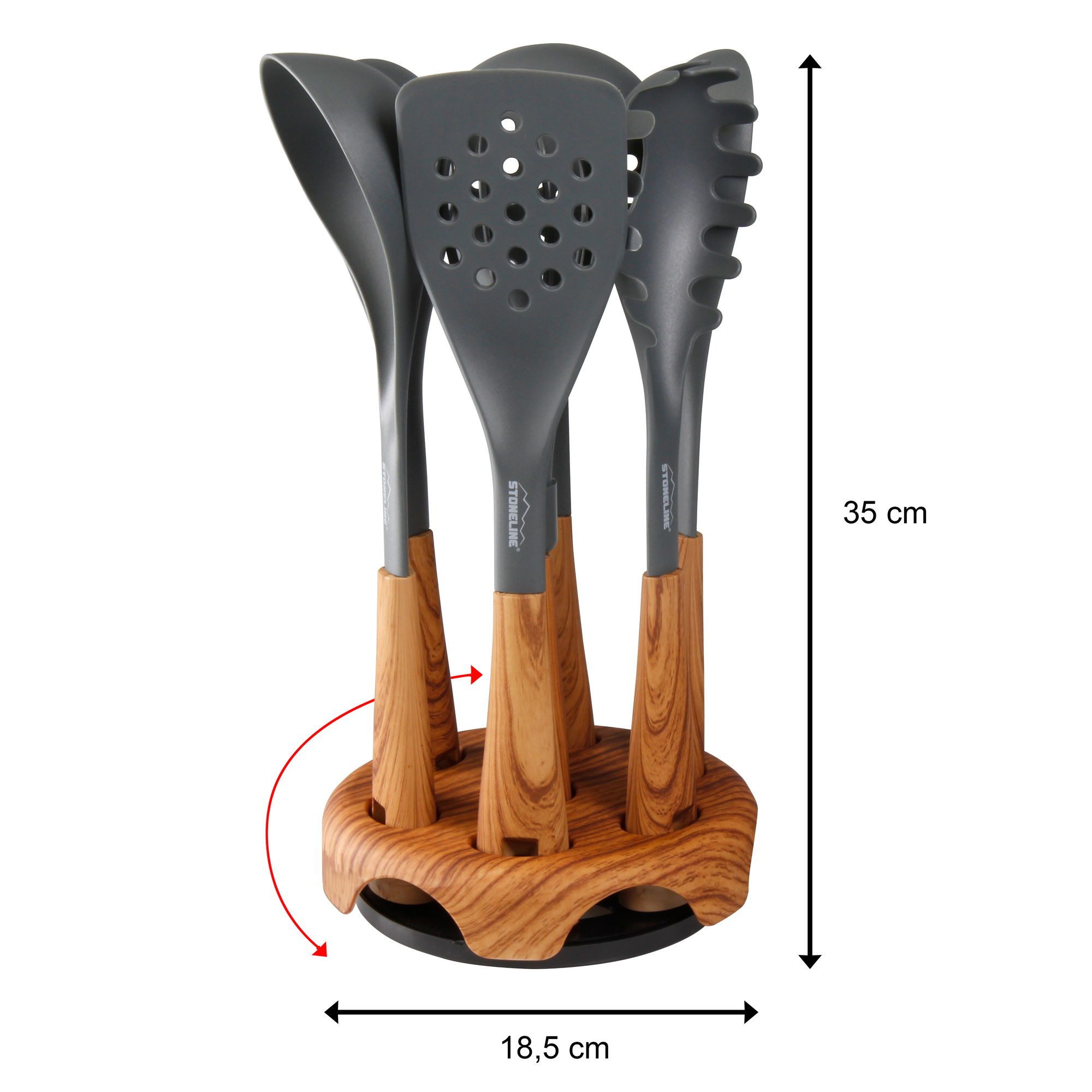 STONELINE Kochbesteck-Set 8-teiliges Küchenhelfer-Set Griffe in Holzoptik, Aufbewahrungsständer (8-tlg), ideal für beschichtete Pfannen und Töpfe, Designed in Germany