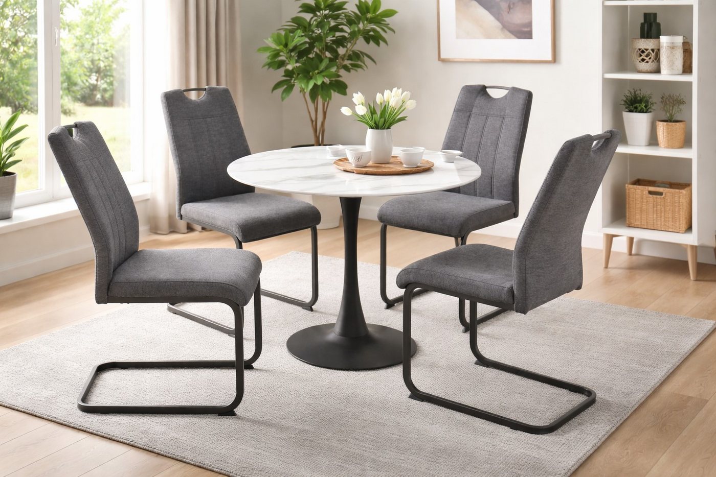 moebel-direkt-online Essgruppe 5tlg. Tischgruppe mit Glastisch, (Spar-Set, 1 Tisch, 4 Schwingstühle), Marmoroptik, 4 Freischwinger