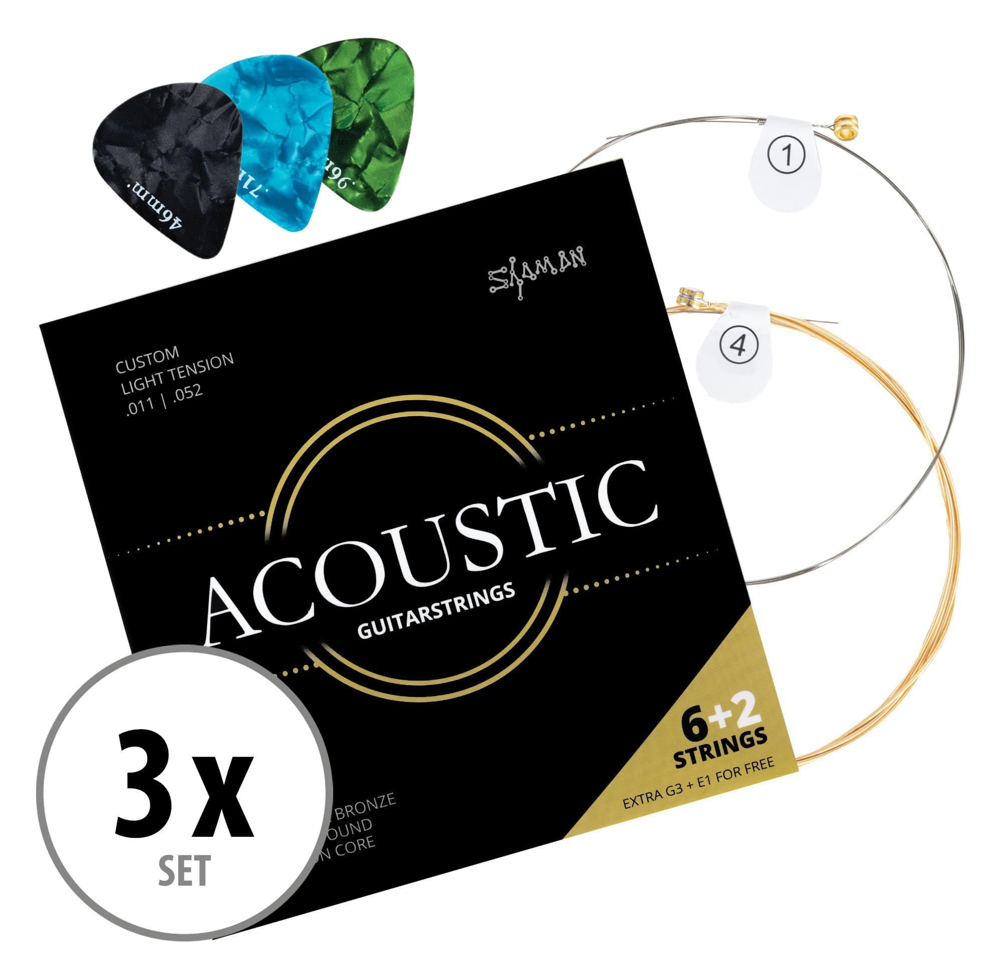 Shaman Saiten 3er-Set Acoustic Westerngitarren-Saiten Custom Light mit Ersatz, (Spar-Set, 3-tlg), plus 2 Ersatz-Saiten G-Saite und extra hohe E-Saite