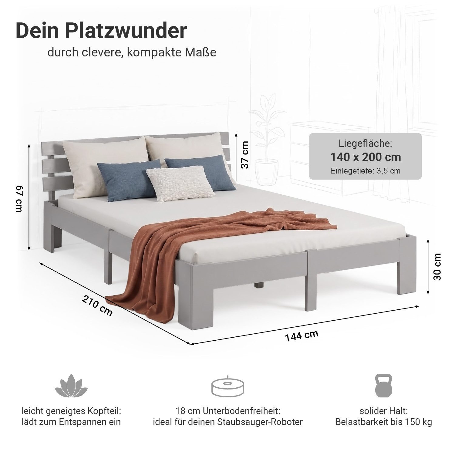 Homestyle4u Massivholzbett 90x200 120x200 140x200 160x200 180x200 Doppelbett Kopfteil Lattenrost (Set, mit Lattenrost, Grau), 140x200, modern, stabil