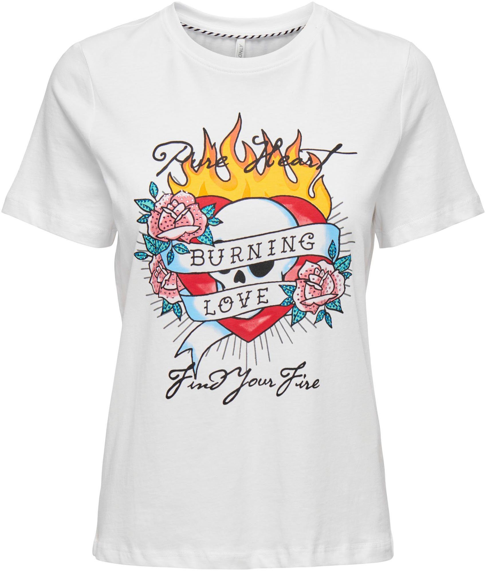 ONLY Kurzarmshirt ONLALICE REG S/S HEART TOP BOX JRS Bright White Print | T-Shirts