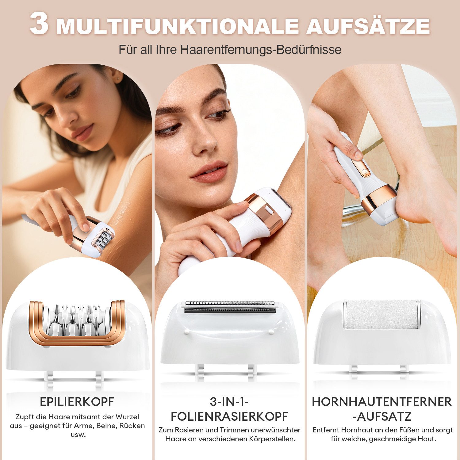 CkeyiN Epilierer Epilierer Damen 3 in 1 mit Rasier-,Trimmer- &Hornhautentferner Aufsatz, Aufsätze: 3 St., 8000U/min,LED-Anzeige,Reisesperre, Nass- und Trockenepilierer Körperrasierer für seidig-glatte Haut