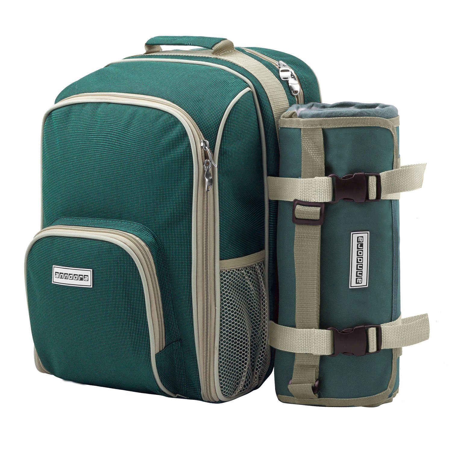 anndora Picknickkorb Picknickrucksack + Zubehör 15 teilig für 2 Personen, für 2 Personen - mit isoliertem Hauptfach - mit Picknickdecke