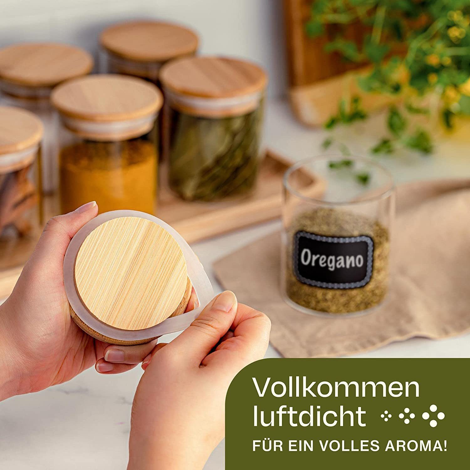 Praknu Vorratsglas Gewürzbehälter 8er Set 250ml mit Etiketten und Stift zum Beschriften, Glas, (Set, 8-tlg., 8 Glasbehälter mit Holzdeckel, 8 Gewürzaufkleber, 1 – Bild 5 von 5