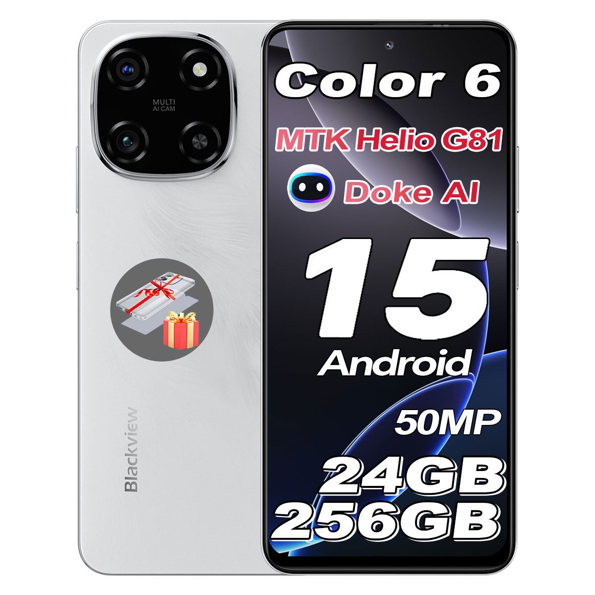 blackview Color 6 6.67" Super PD 50MP, MTK G81, AI Ohne Vertrag Smartphone (6.67 Zoll, 256 GB Speicherplatz, 50 MP Kamera, Android 15, DokeOS 4.1, 18W,Dual SIM /Fingerabdruck/Face ID/GPS/OTG)