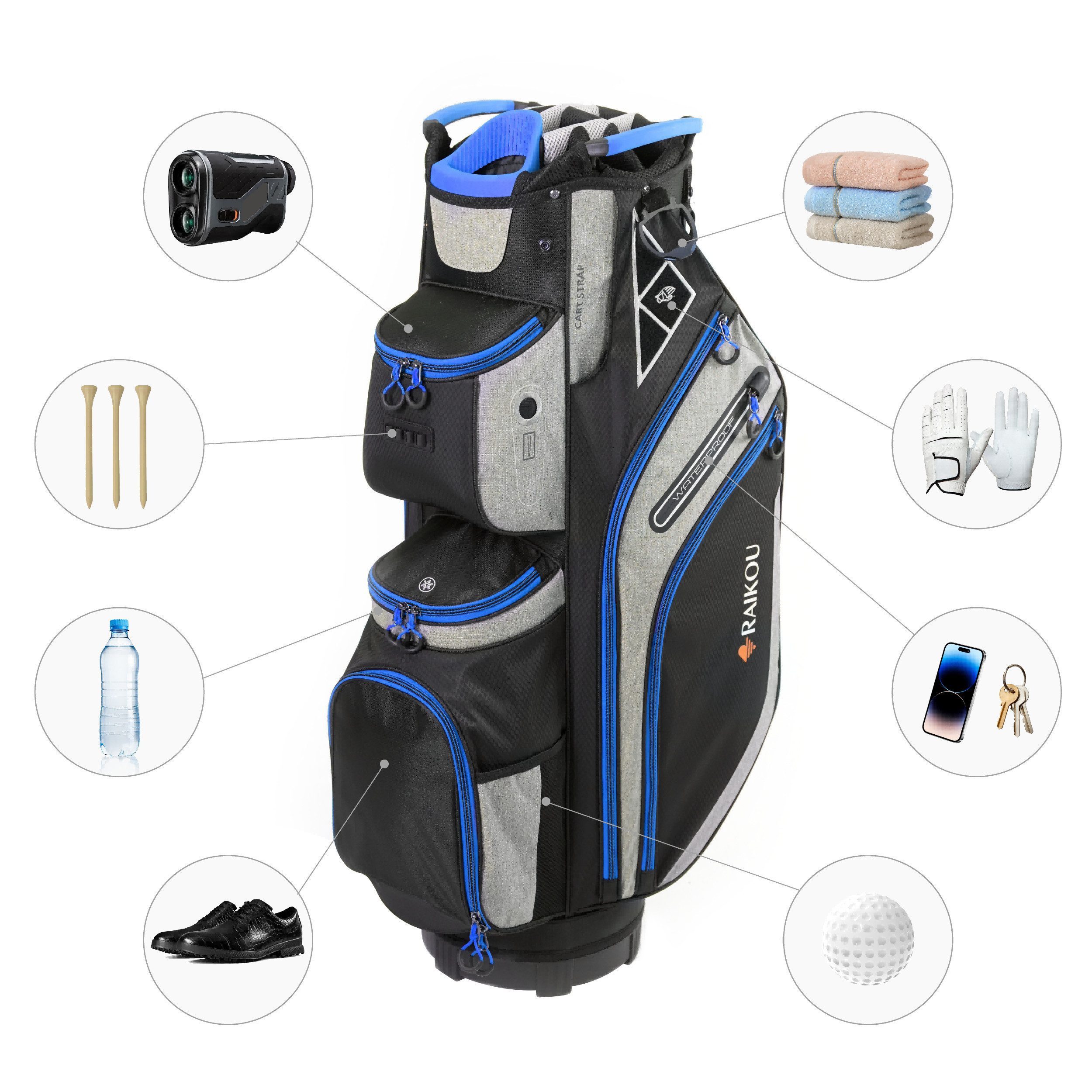 M-Diamant Golfballtasche Golftasche Cartbag Wasserdicht 14-fach 9 Taschen Trolley kompatibel, 14-fach Divider, Kühlfach, Wertsachenfach, wasserabweisend, trolley