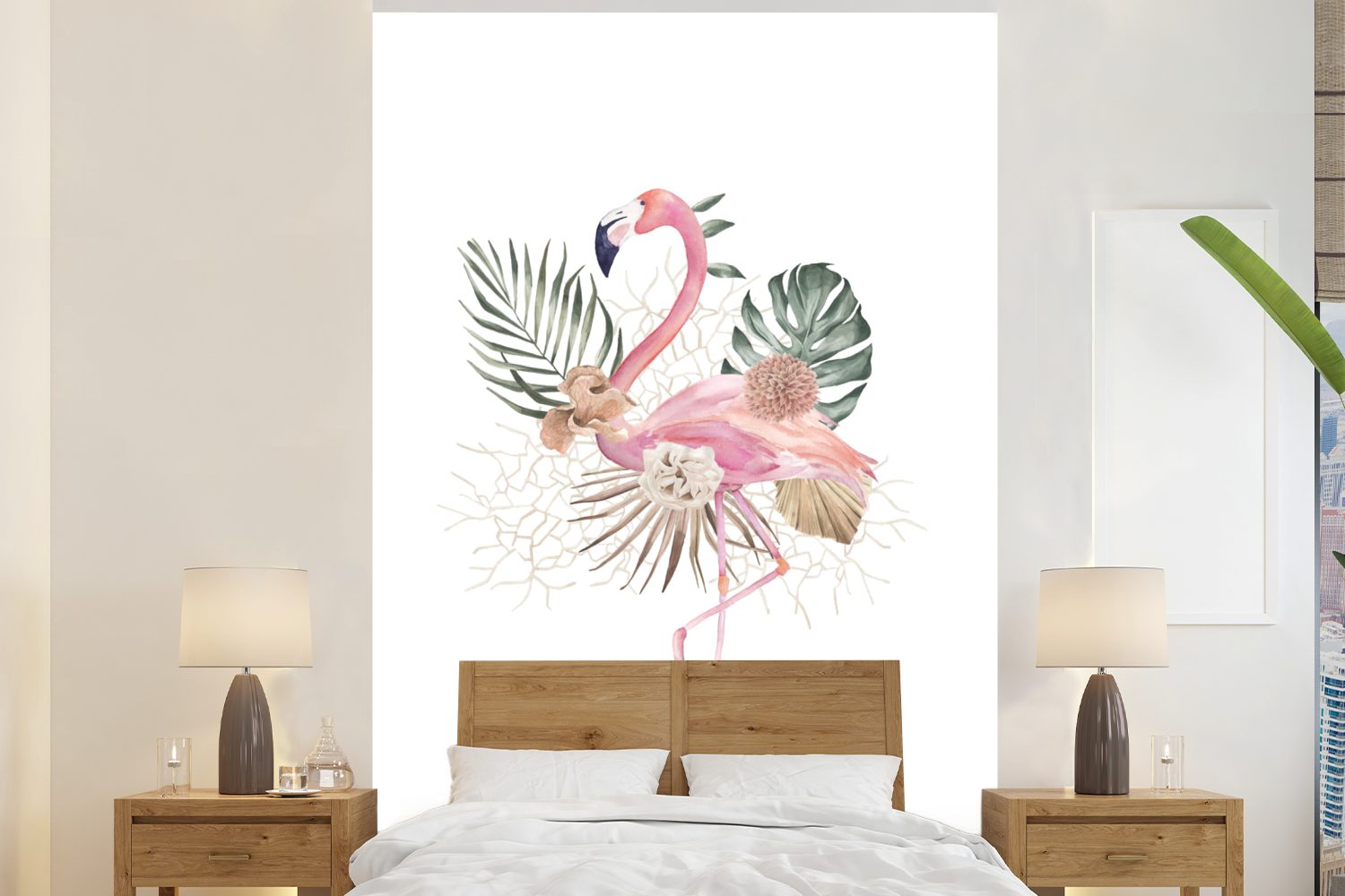 MuchoWow Fototapete Pflanzen - Flamingo - Blumen, Matt, bedruckt, (3 St), Montagefertig Vinyl Tapete für Wohnzimmer, Wandtapete