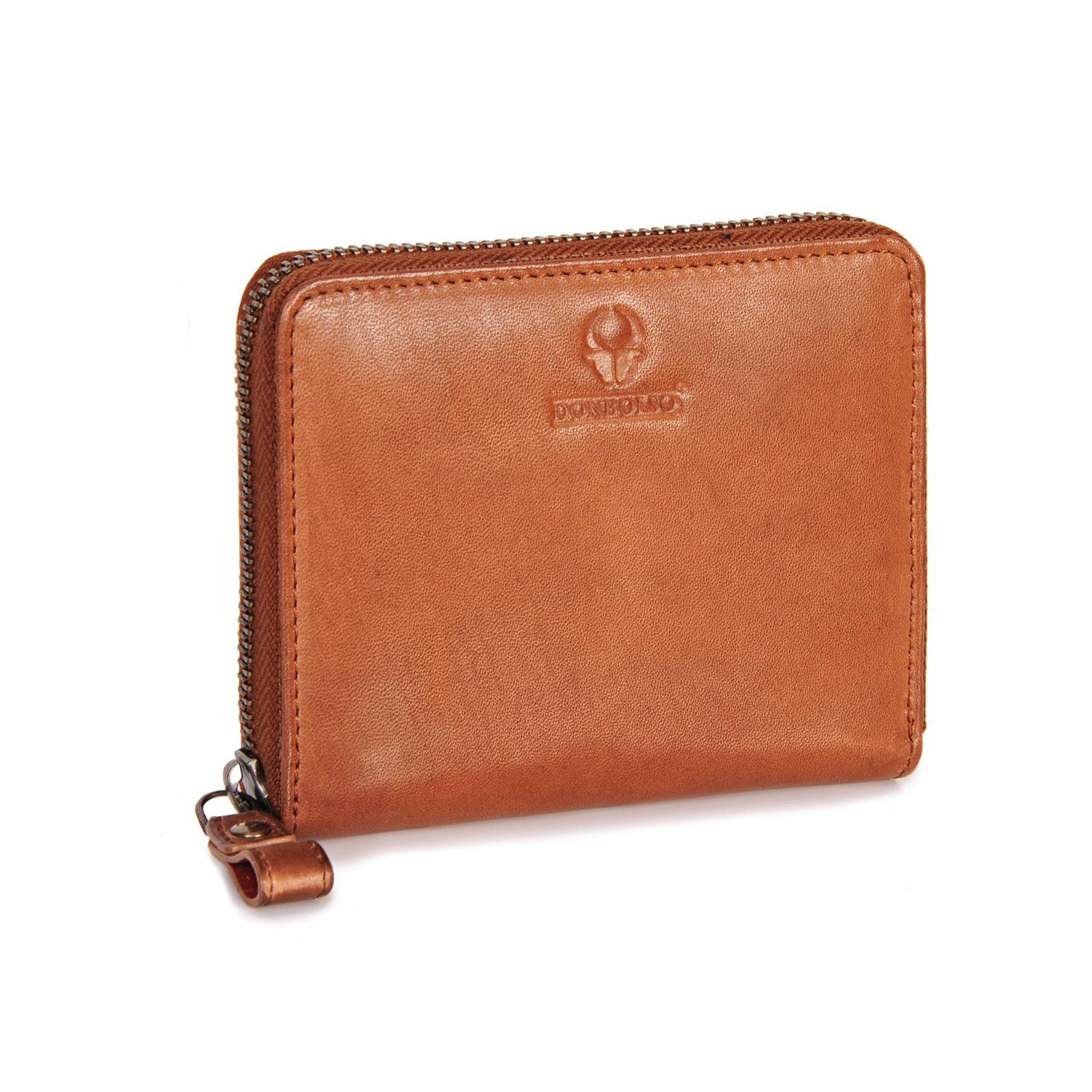 Donbolso Mini Geldbörse Mini Leder-Geldbörse 13 Kartenfächer & RFID-Schutz, Cognac Mmodern