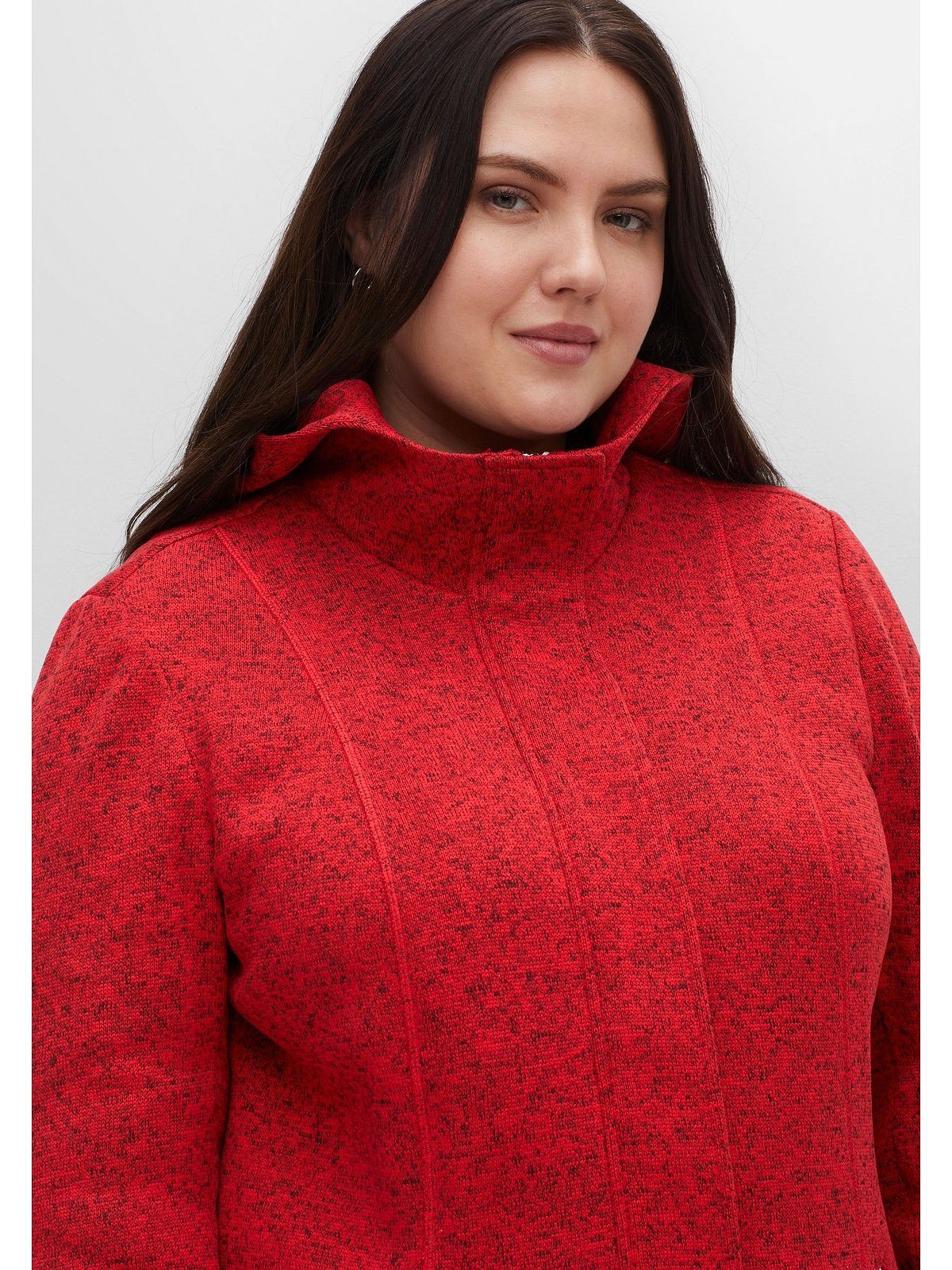 in mohnrot Große Fleecejacke meliert melierter Sheego Strickfleece wärmender Größen Optik,