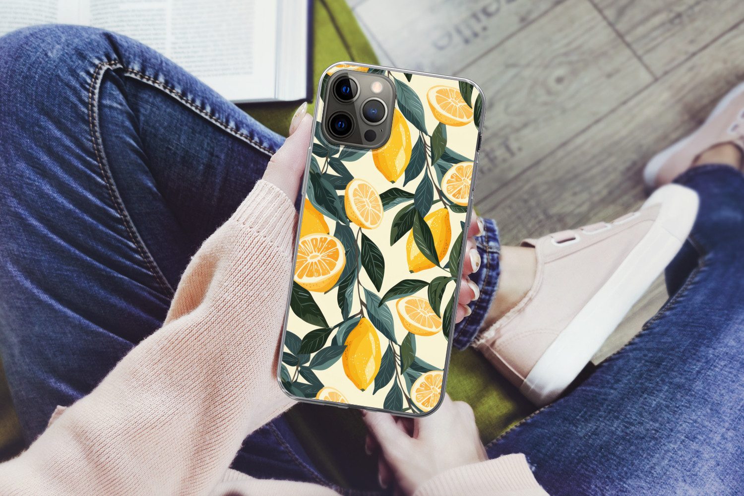 MuchoWow Handyhülle für Apple iPhone 12 Pro Zitronen - Früchte - Blätter - Gelb - Grün - B, Smartphone-Bumper, Print, Handy Schutzhülle Dünn
