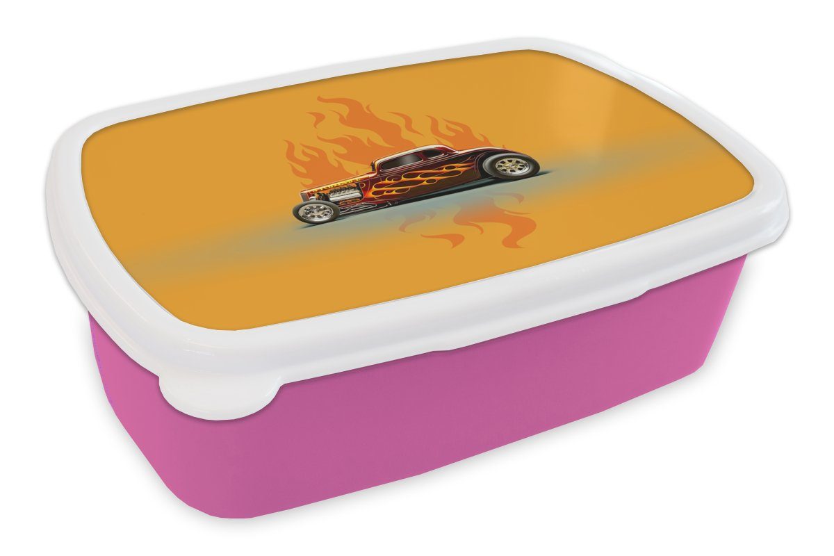 MuchoWow Lunchbox Auto - Flammen - Rot - Vintage, Kunststoff, (2-tlg), Brotbox für Erwachsene, Brotdose Kinder, Snackbox, Mädchen, Kunststoff rosa