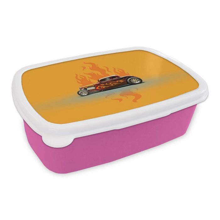 MuchoWow Lunchbox Auto - Flammen - Rot - Vintage Kunststoff (2-tlg) Brotbox für Erwachsene Brotdose Kinder Snackbox Mädchen Kunststoff