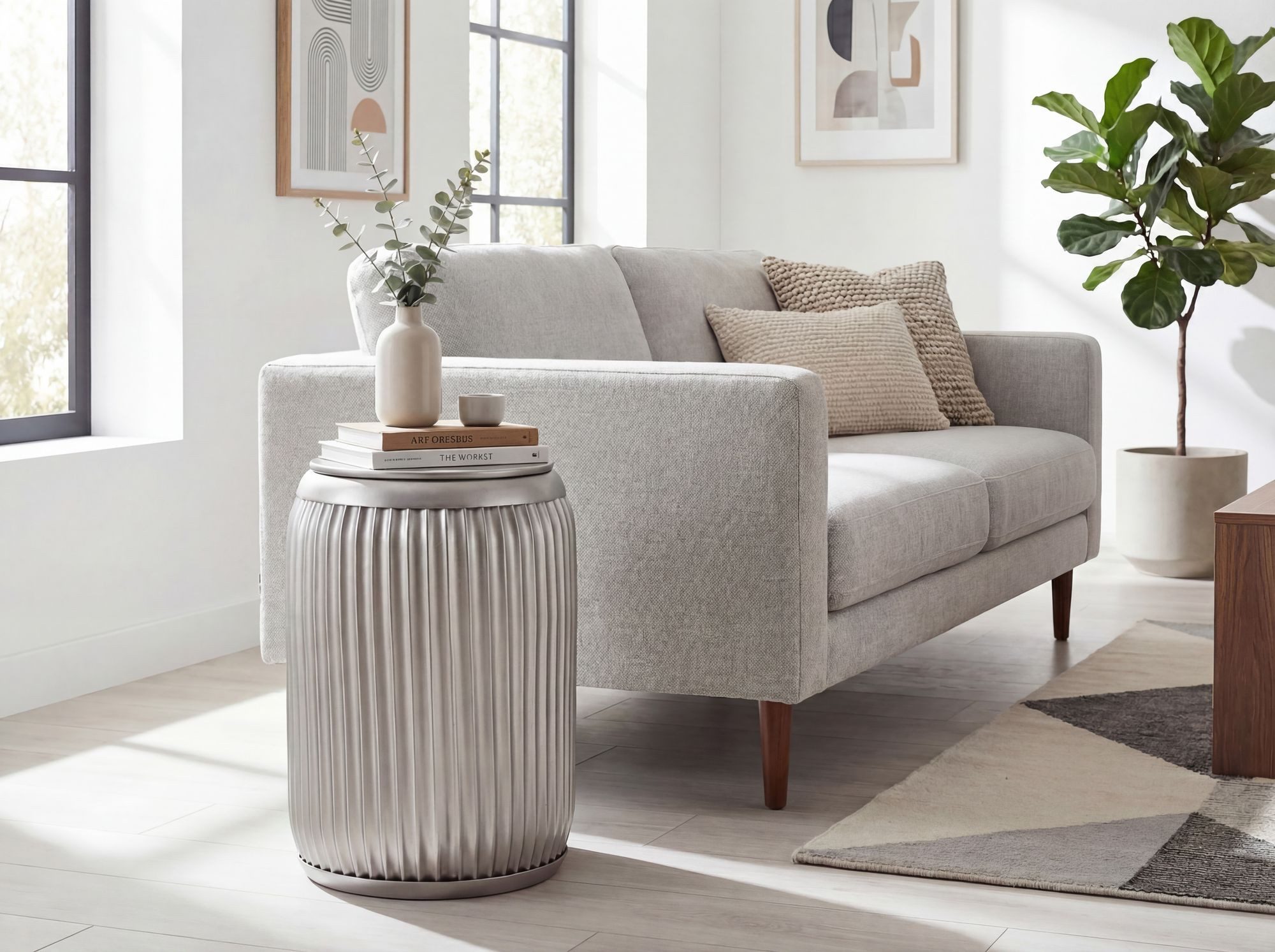 Wohnling Beistelltisch WL7.480 Metall Rund 35cm Couchtisch Silber mit Stauraum Sofatisch (Extravaganter Tisch mit feiner Rillenoptik), Runde Tischplatte ist komplett abnehmbar