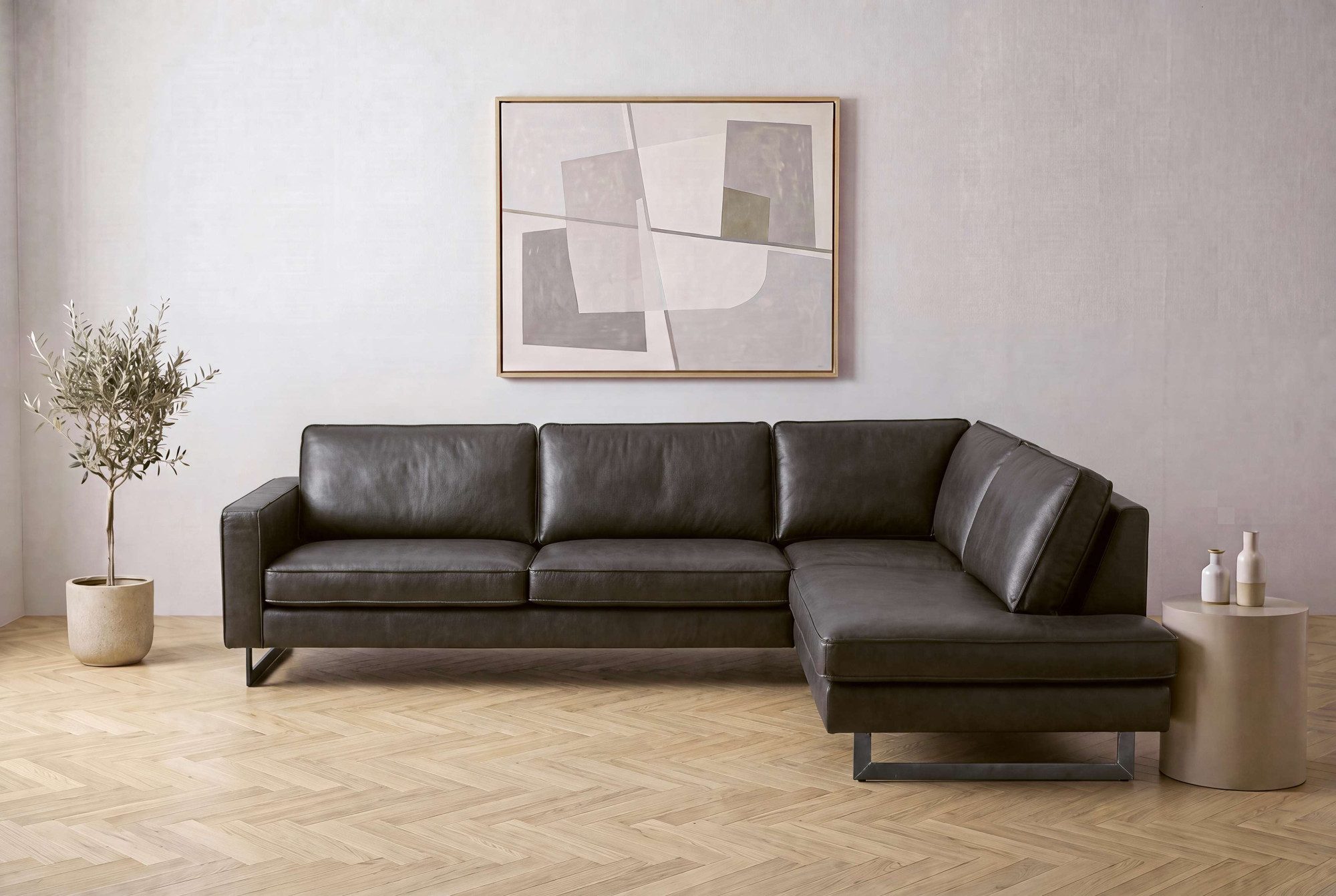 OTTO home Ecksofa Pinto, 290 cm, Cord, Chenille, Lederoptik, Ottomane links / rechts, mit Keder, schwarze Metallfüße, Wellenunterfederung