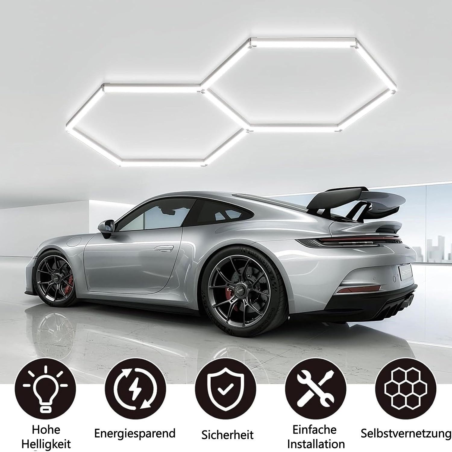 oyajia LED Dekolicht 2er-Pack Hexagon LED Garagenleuchte 90W 6500K, Wabenlicht Garage Light, LED fest integriert, Tageslichtweiß, für Garage,Autopflege,Friseursalon,Tattoo-Studio,Bürobeleuchtung