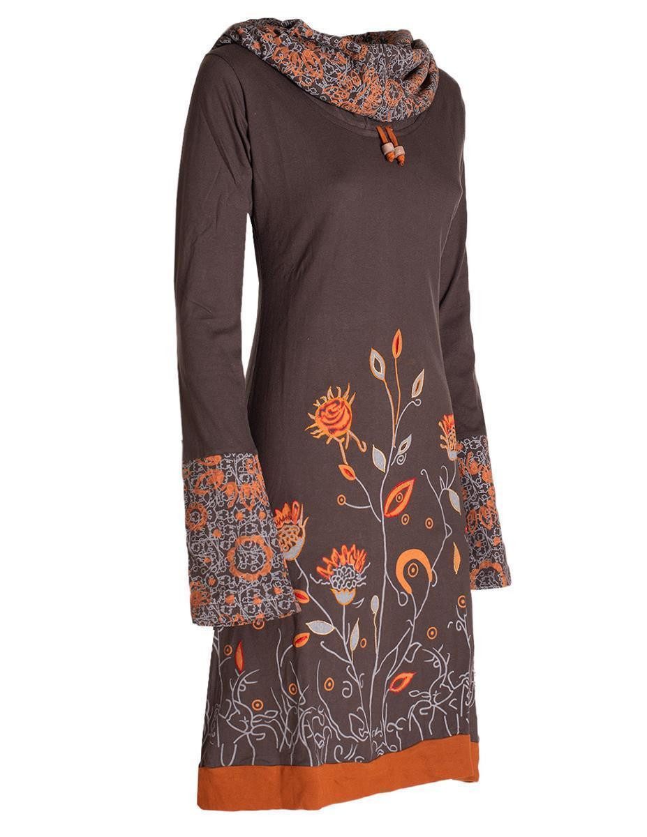 Vishes Jerseykleid Blumen-Kleid Langarm-Shirtkleid Schal-Kragen Baumwolle Hippie, Goa, Ethno Elfen Style