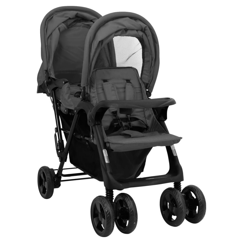 vidaXL Kinder-Buggy Tandem-Zwillingskinderwagen Dunkelgrau Dunkelgrau | Dunkelgrau Stahl