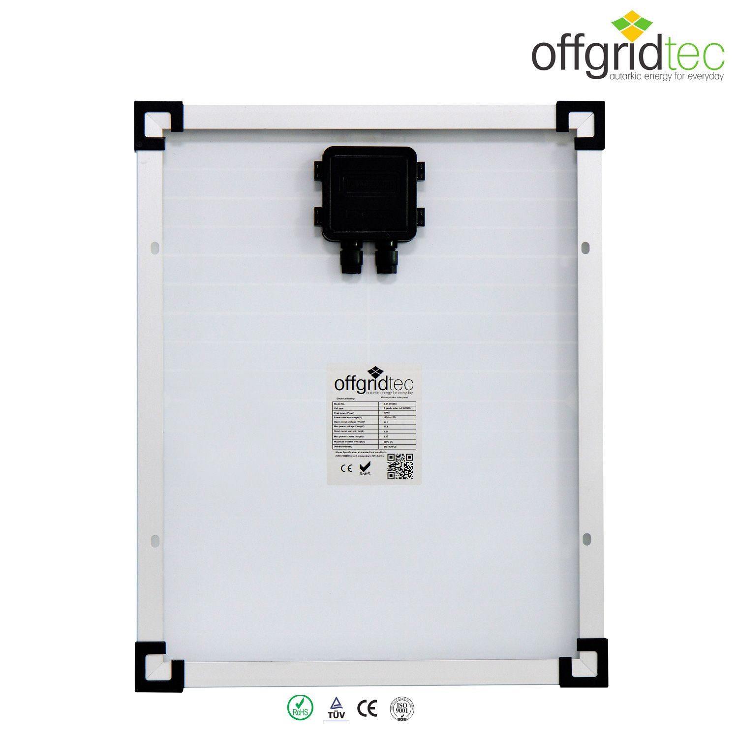 offgridtec Solarmodul Solarpanel, Monokristallin, 12V, 20W, 420x360x25mm, 20 W