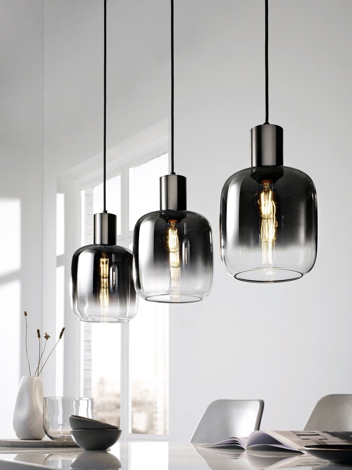 casa NOVA Pendelleuchte SVENJA, 3-flammig, Schwarz, Metall, Rauchglas, ohne günstig online kaufen