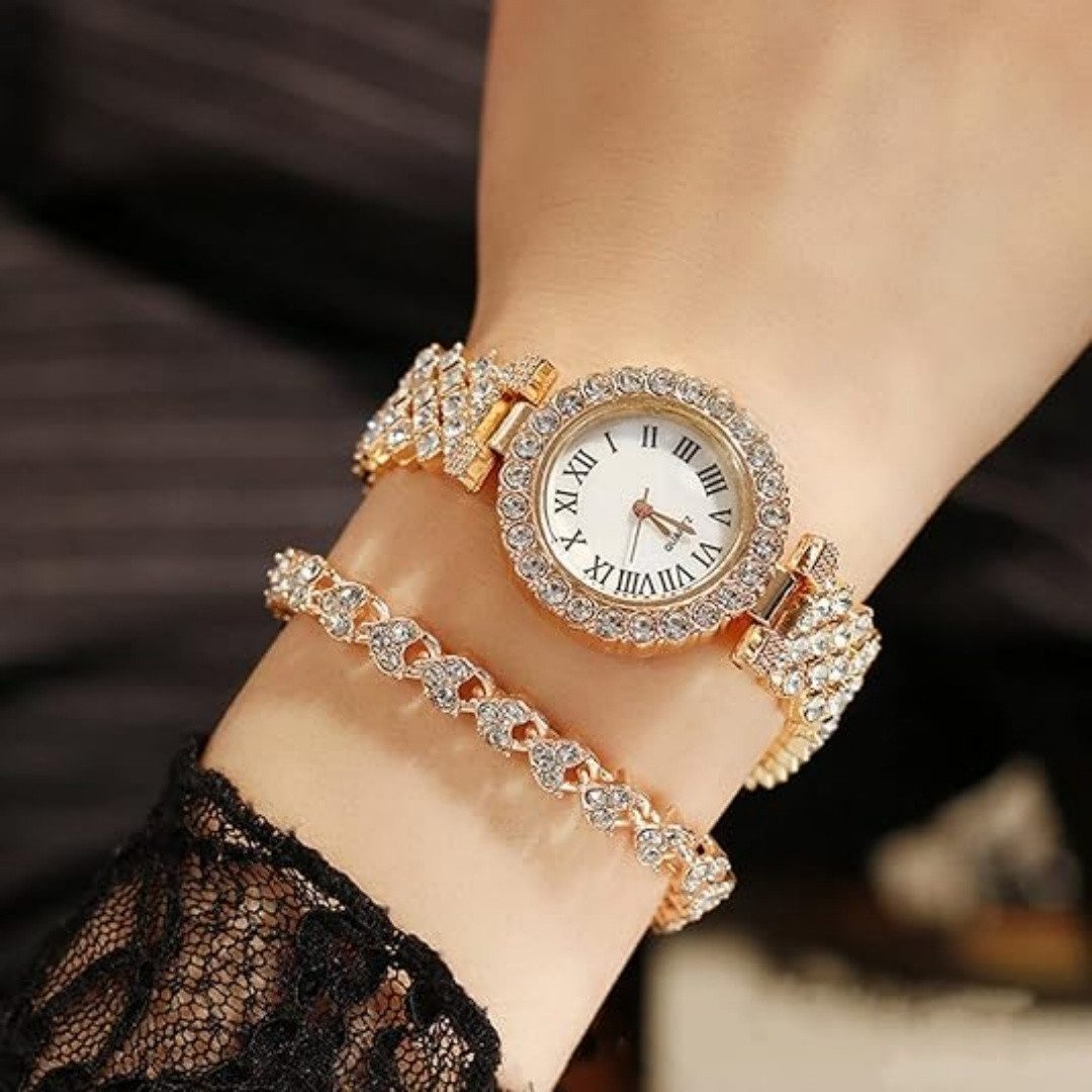 VEKROBOT Quarzuhr Elegantes Damenuhren Set mit künstlichen Diamanten Quarzuhr Modisch, (1-tlg), Funkelnde künstliche Diamanten Armbanduhr