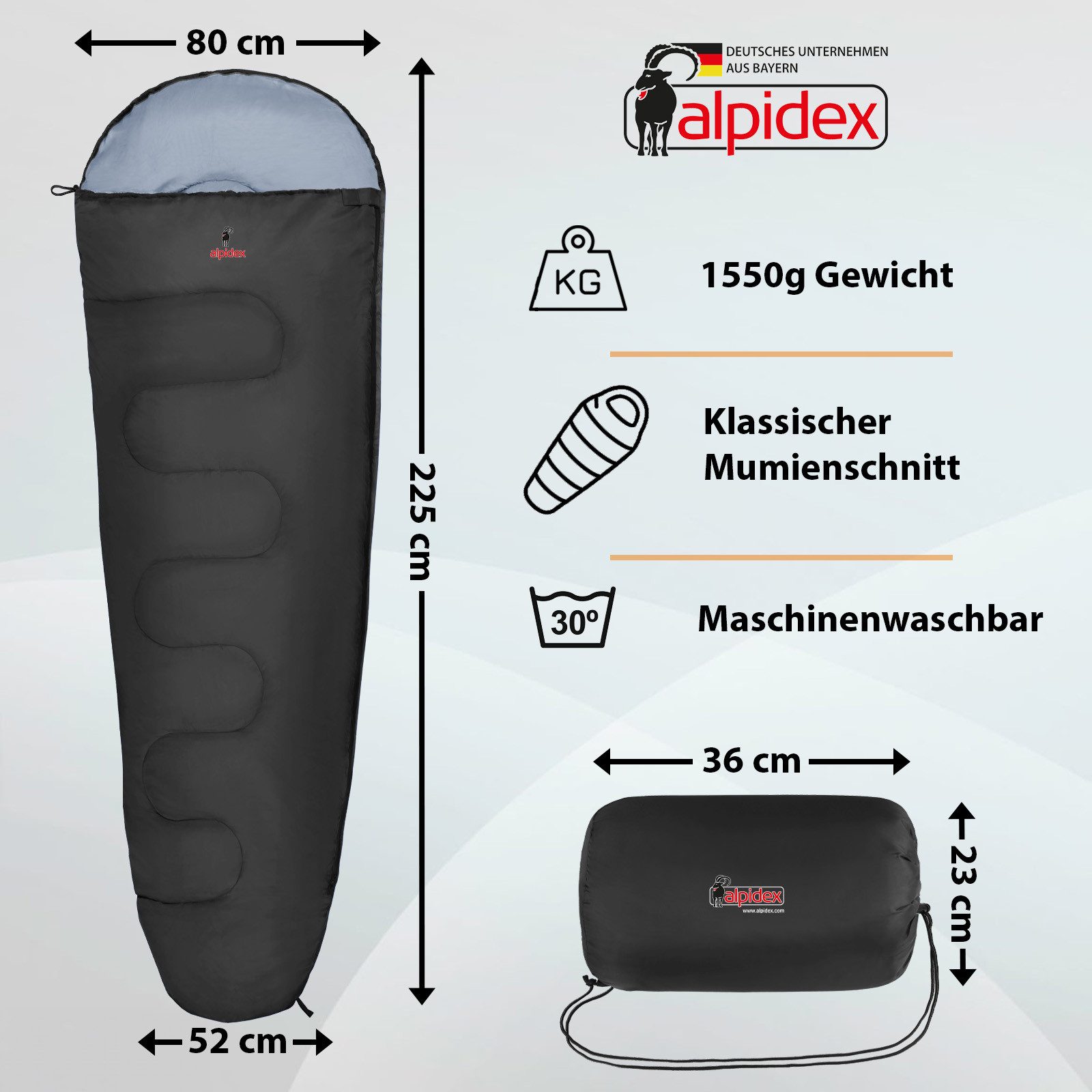 ALPIDEX Mumienschlafsack Mumienschlafsack 225 x 80 cm bis -17 Grad, Reißverschluss links