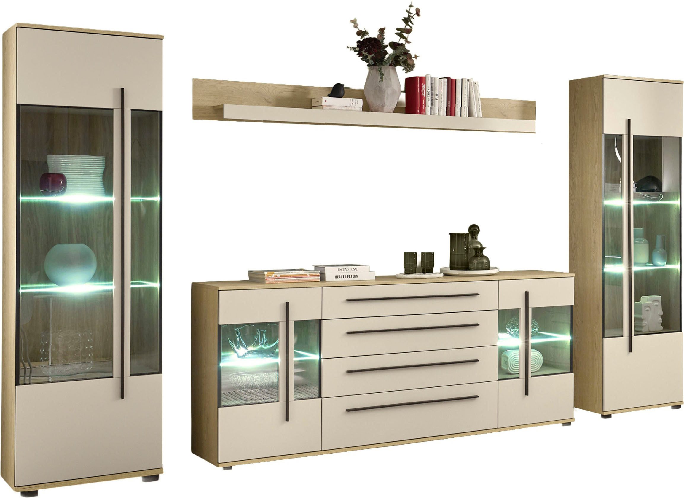 Home affaire Wohnwand Cantara, Anbauwand, Wohnzimmer-Set, in Eiche Evoke, Weiß oder Kaschmir, (Set), enthält zwei Vitrinen, ein Sideboard und ein Wandboard