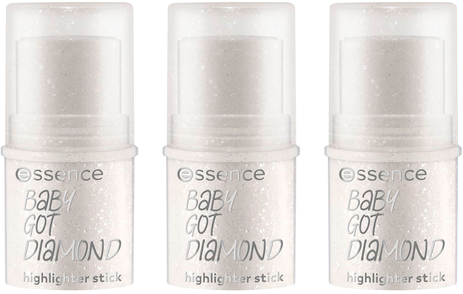 Essence Highlighter BABY GOT DIAMOND highlighter stick, 3-tlg., Geschmeidige Formel, mit Silberglitter, praktisch und vegan.