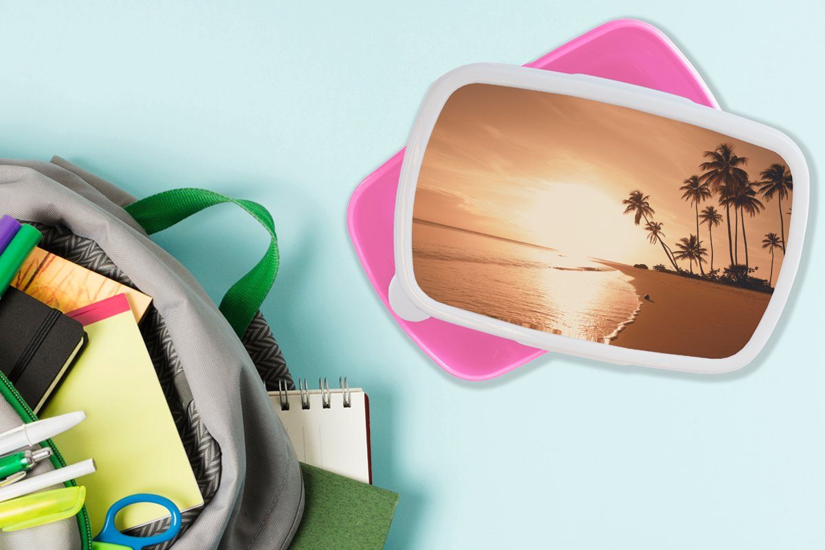 Mädchen, Brotbox Snackbox, Kinder, - Lunchbox - Sonnenuntergang Kunststoff, für (2-tlg), Erwachsene, - Palme Tropisch Strand Kunststoff MuchoWow rosa - Brotdose Meer,