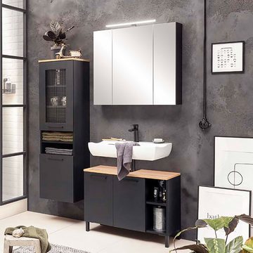Lomadox Waschbeckenunterschrank MASON-80 schwarz matt Eiche Badezimmer Unterschrank stehend 79,8x58,3x32 cm