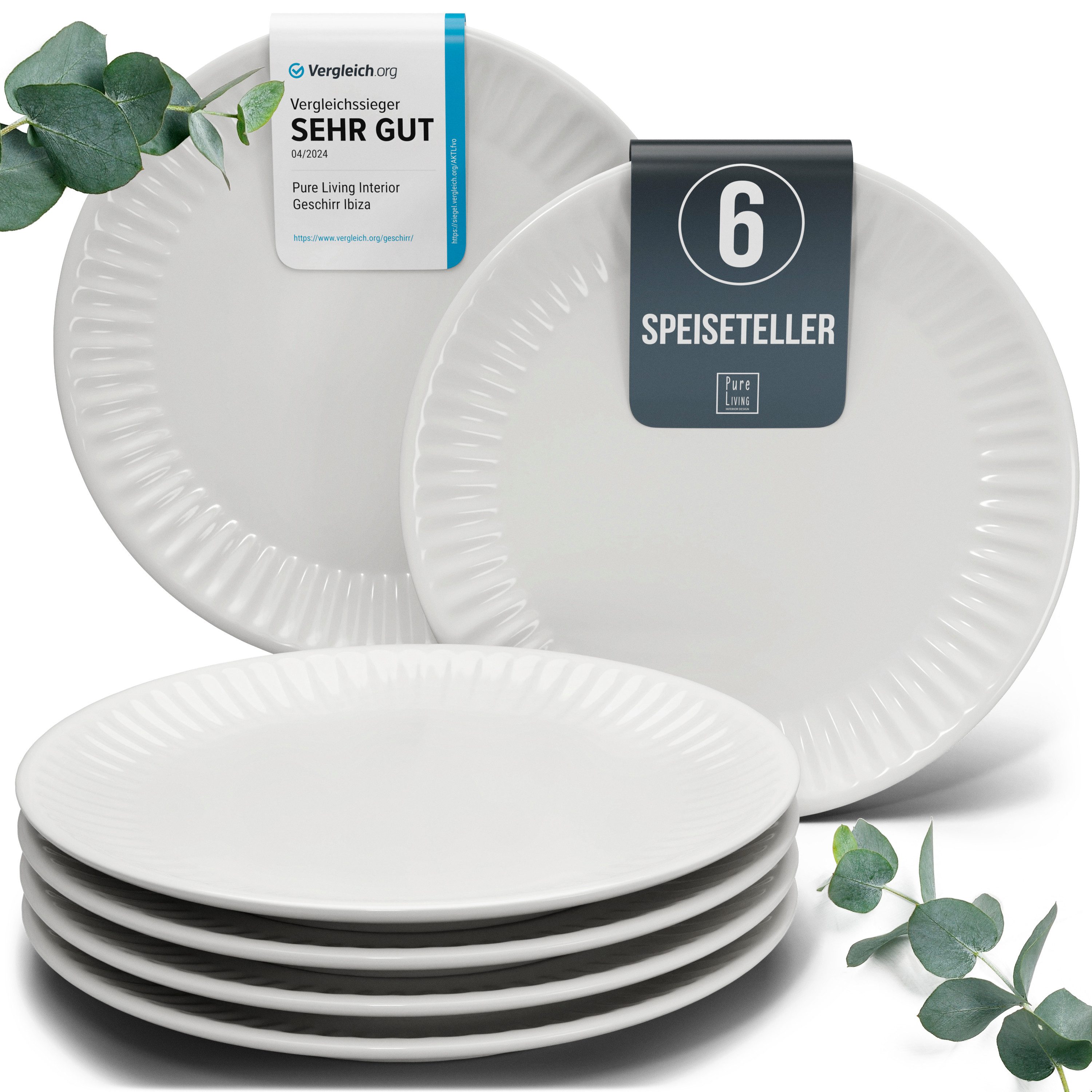 PURE LIVING INTERIOR DESIGN Geschirr-Set Pure Living Speiseteller 6er 26cm »Hygge«, Steingut Hellgrau, 6 Personen, Steingut, Skandinavisches Design mit Riffelstruktur, Harmonische Farbgebung, Ma…