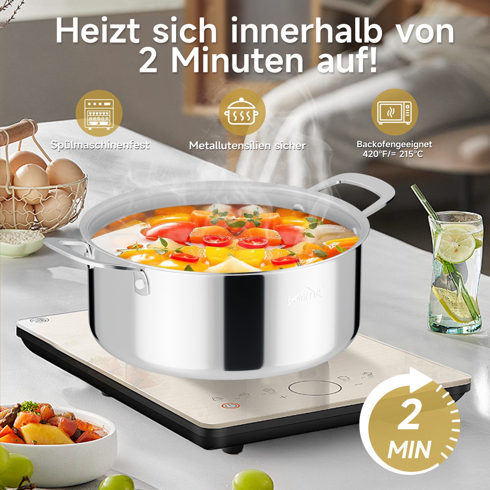 HOMELUX Suppentopf Edelstahl Kochtopf,Wabenstruktur Suppentopf Induktion,Backofengeeignet, Edelstahl (1 x 20cm 2,3L Edelstahl Kochtopf), Induktion – Bild 5 von 5